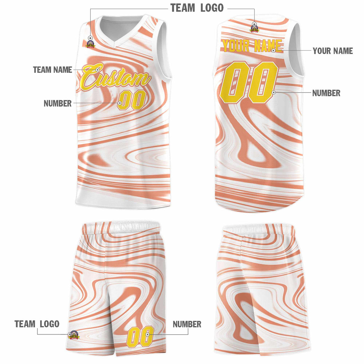 Custom White Light Orange Graffiti Pattern Fluids Style Sports Uniform Basketball Jersey Sets