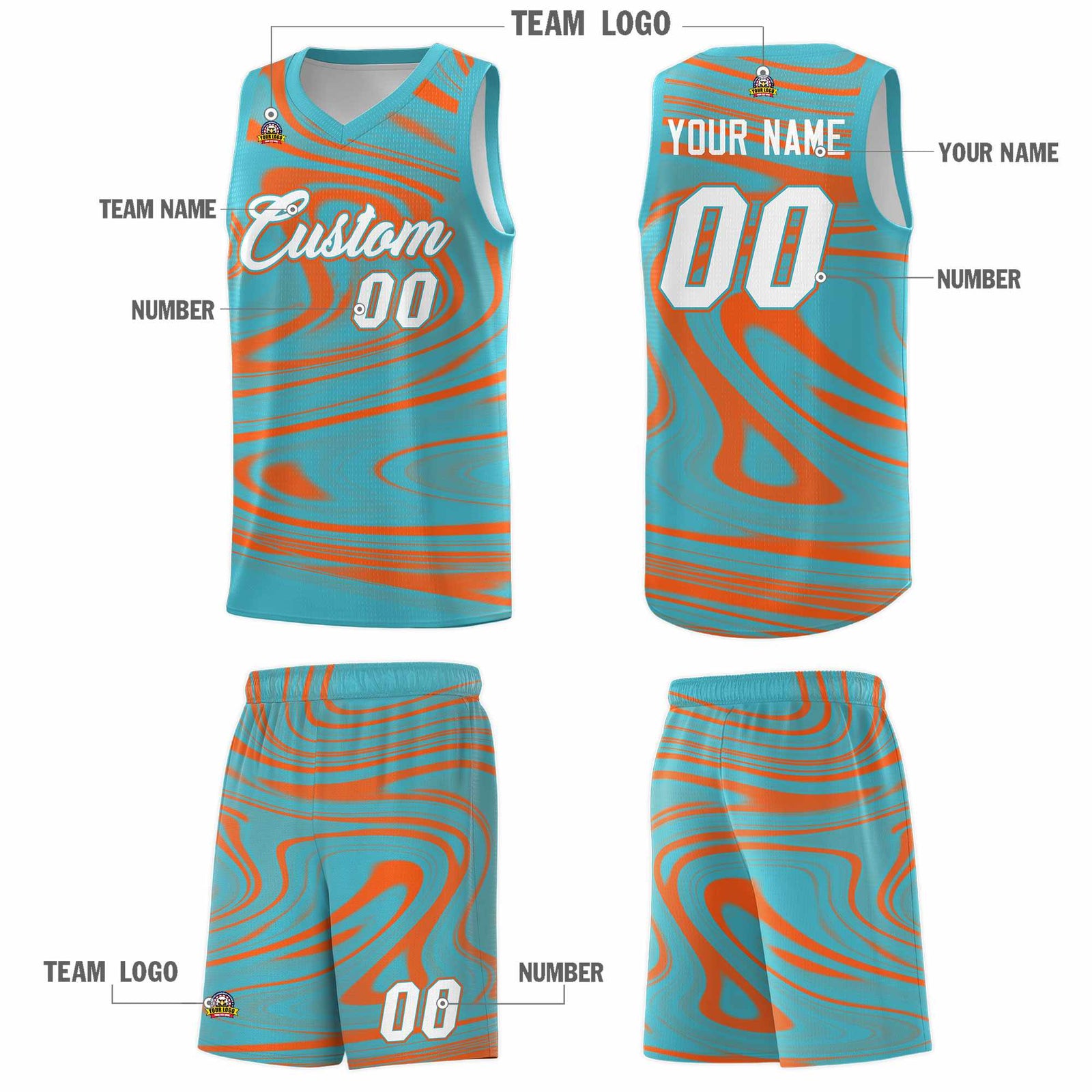 Custom Aqua Orange Graffiti Pattern Fluids Style Sports Uniform Basketball Jersey Sets