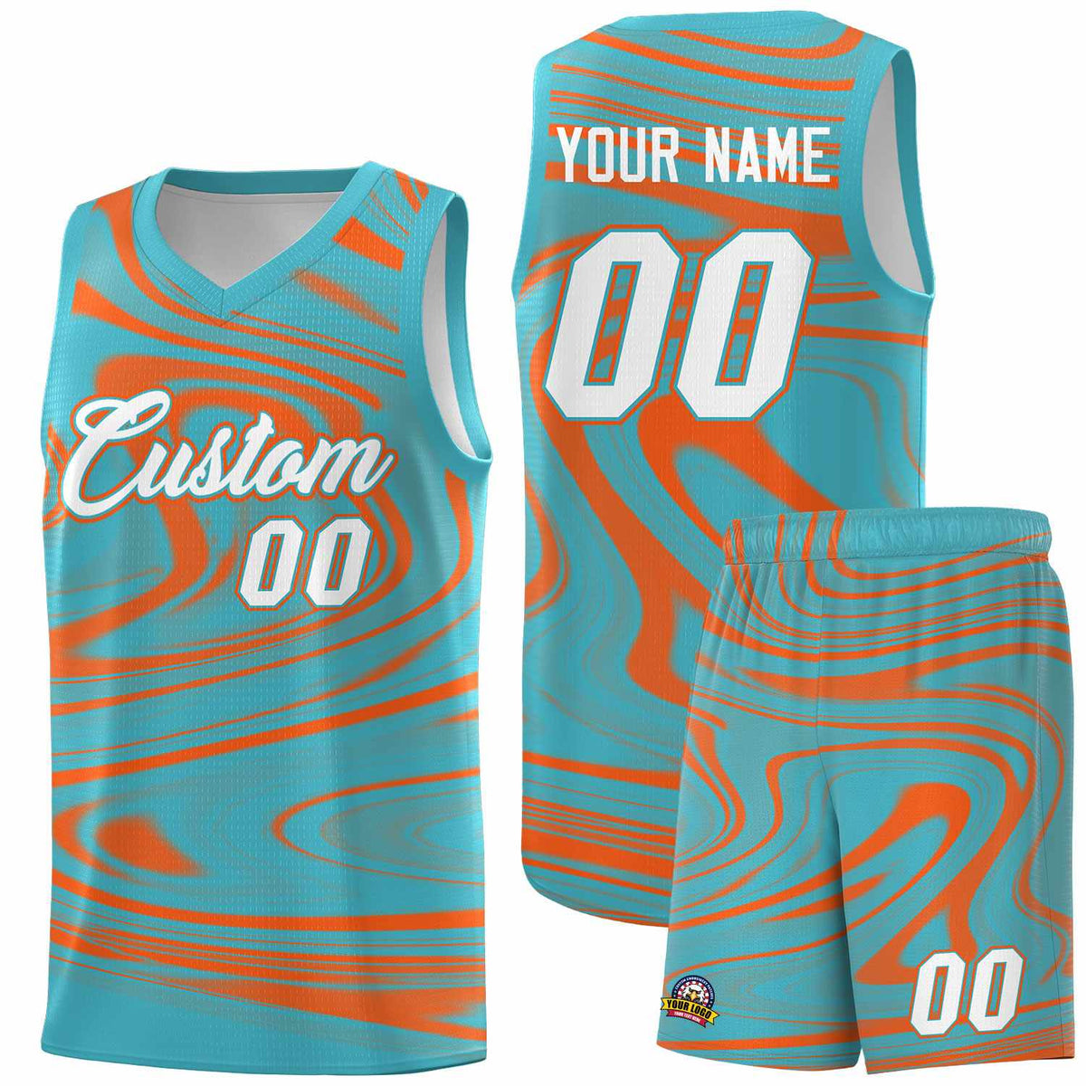 Custom Aqua Orange Graffiti Pattern Fluids Style Sports Uniform Basketball Jersey Sets