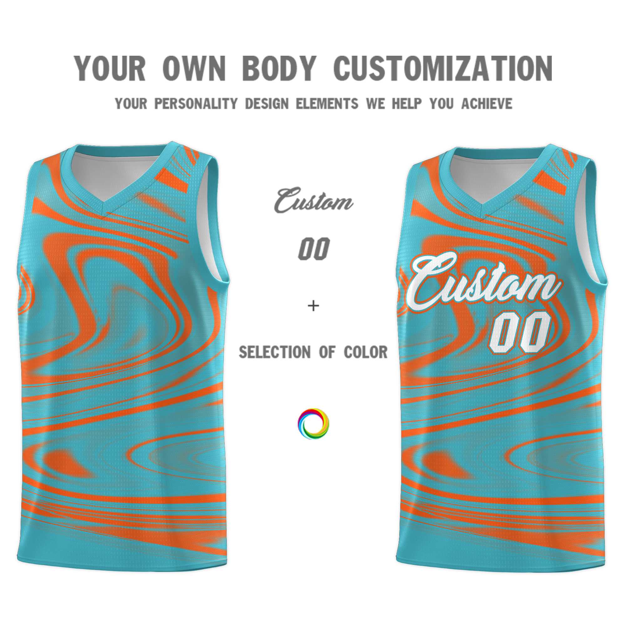 Custom Aqua Orange Graffiti Pattern Fluids Style Sports Uniform Basketball Jersey Sets