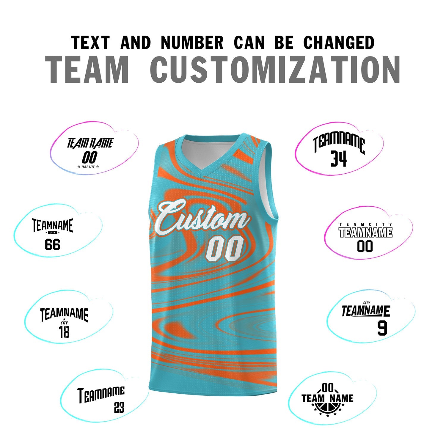 Custom Aqua Orange Graffiti Pattern Fluids Style Sports Uniform Basketball Jersey Sets