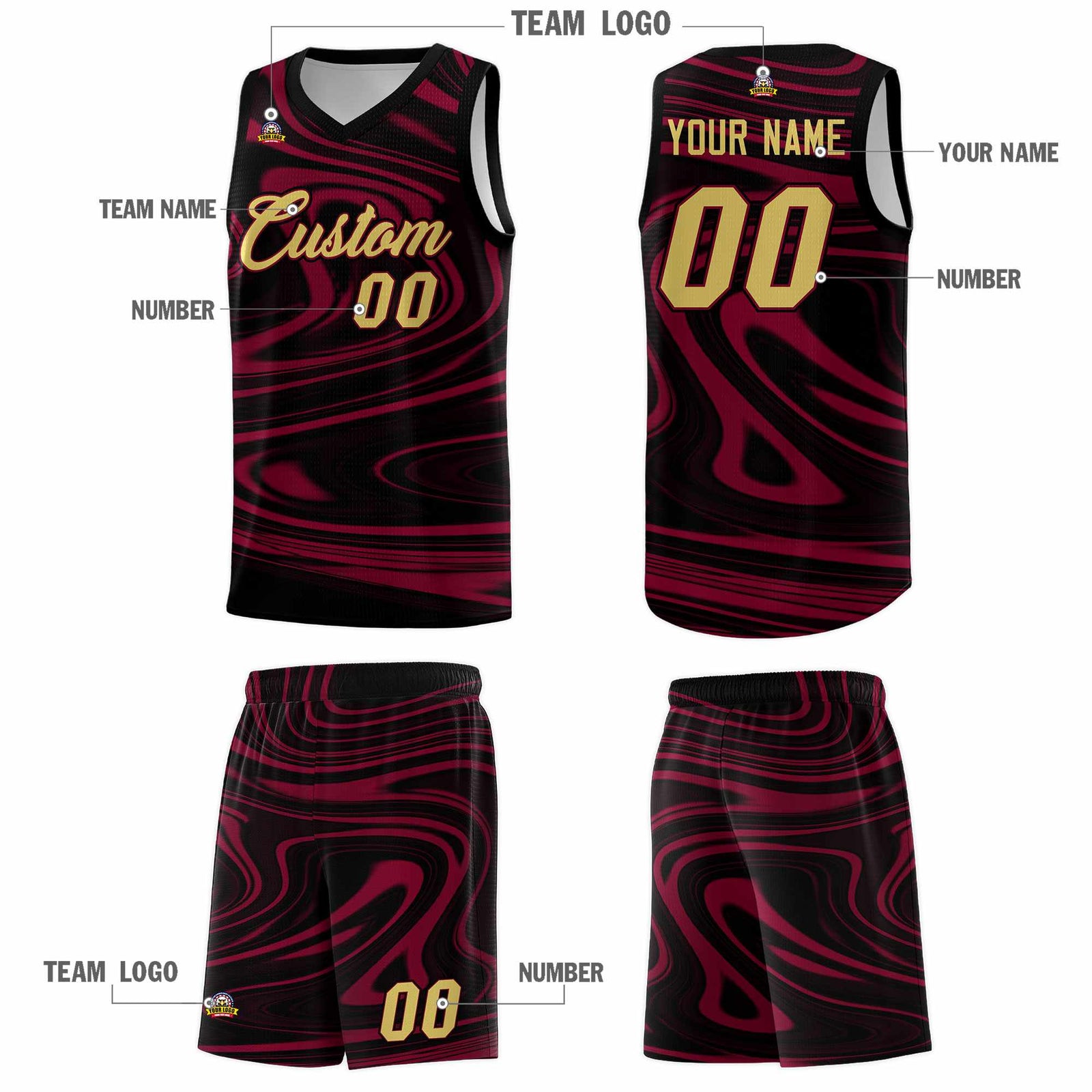 Custom Black Crimson Graffiti Pattern Fluids Style Sports Uniform Basketball Jersey Sets