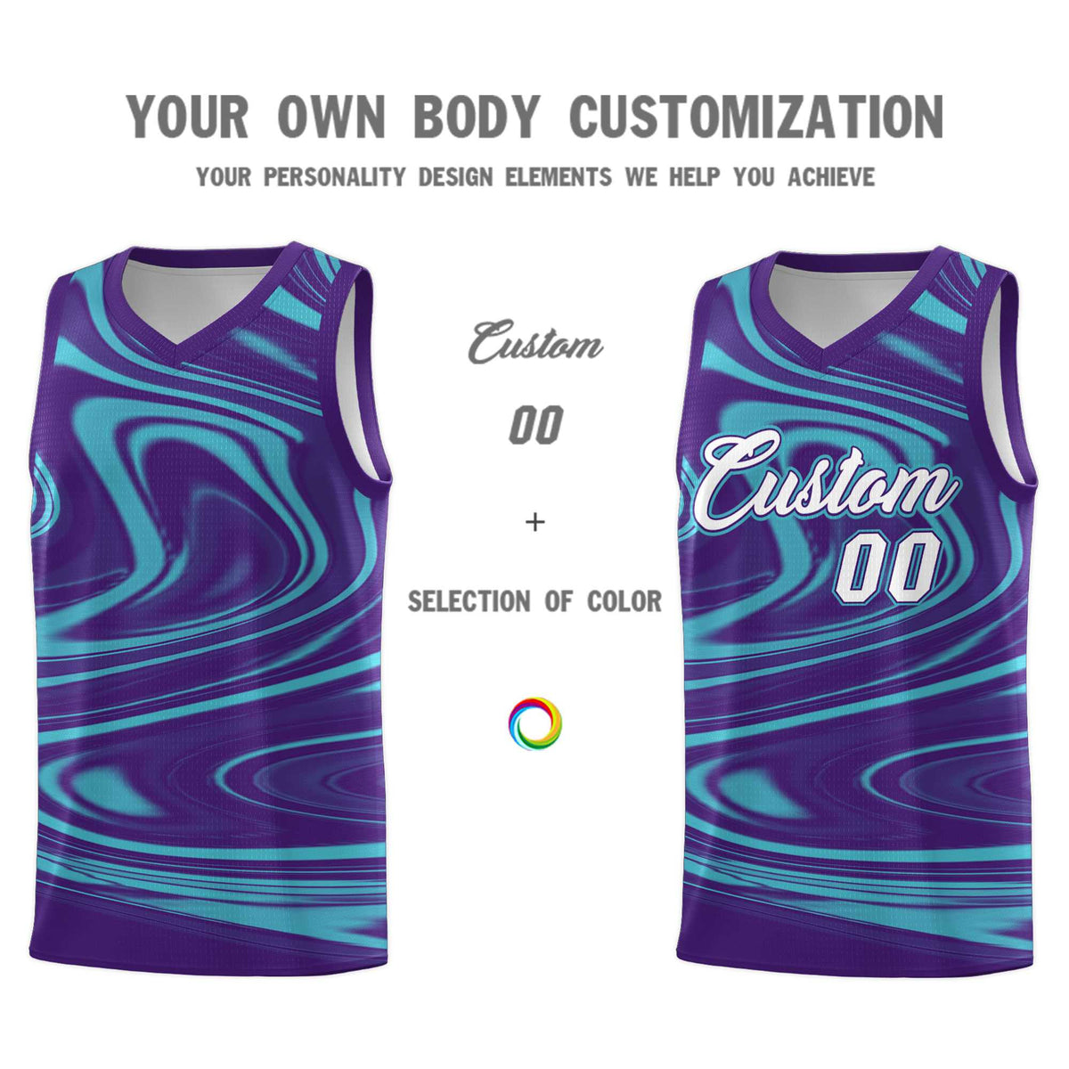 Custom Purple Aqua Graffiti Pattern Fluids Style Sports Uniform Basketball Jersey Sets