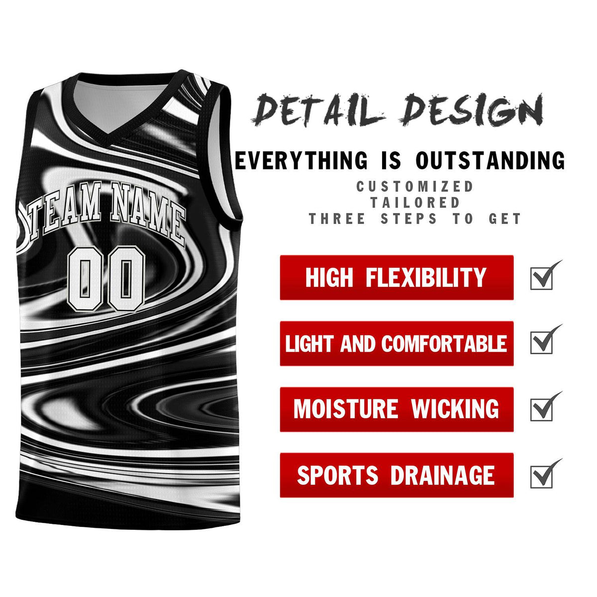 Custom Black White Graffiti Pattern Fluids Style Sports Uniform Basketball Jersey Sets