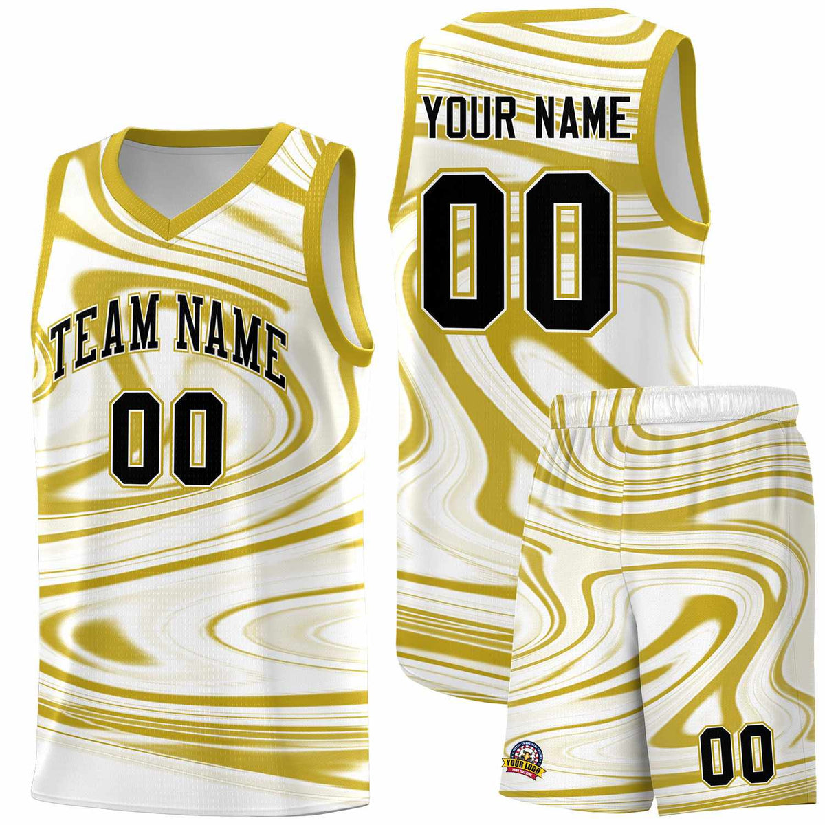 Custom White Old Gold Graffiti Pattern Fluids Style Sports Uniform Basketball Jersey Sets