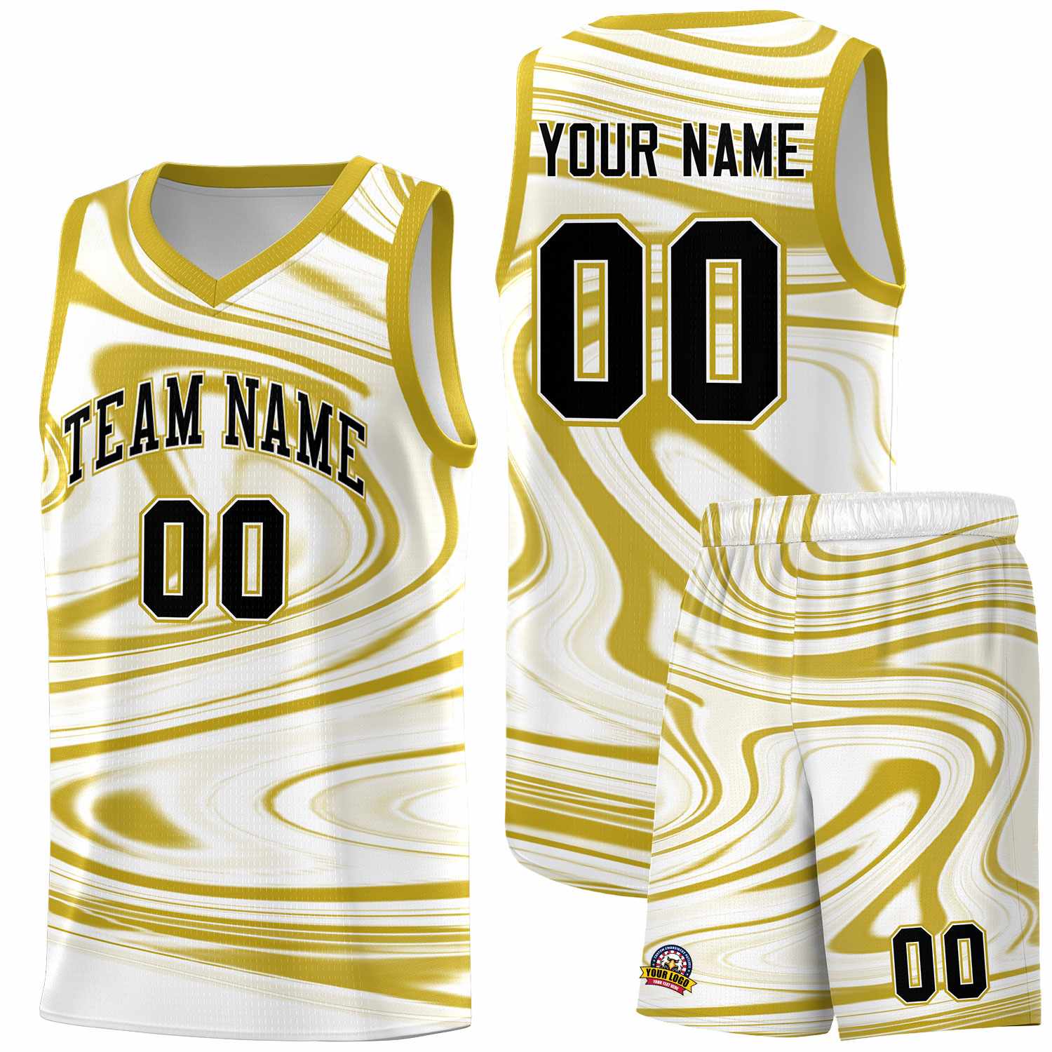 Custom White Old Gold Graffiti Pattern Fluids Style Sports Uniform Basketball Jersey Sets