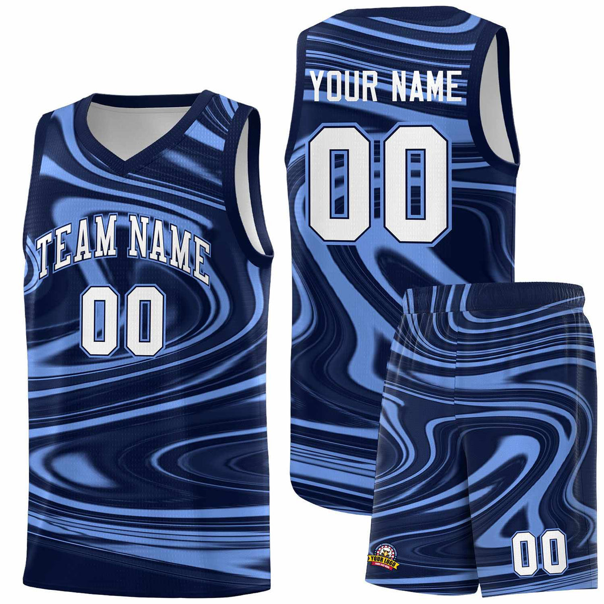 Custom Navy Light Blue Graffiti Pattern Fluids Style Sports Uniform Basketball Jersey Sets