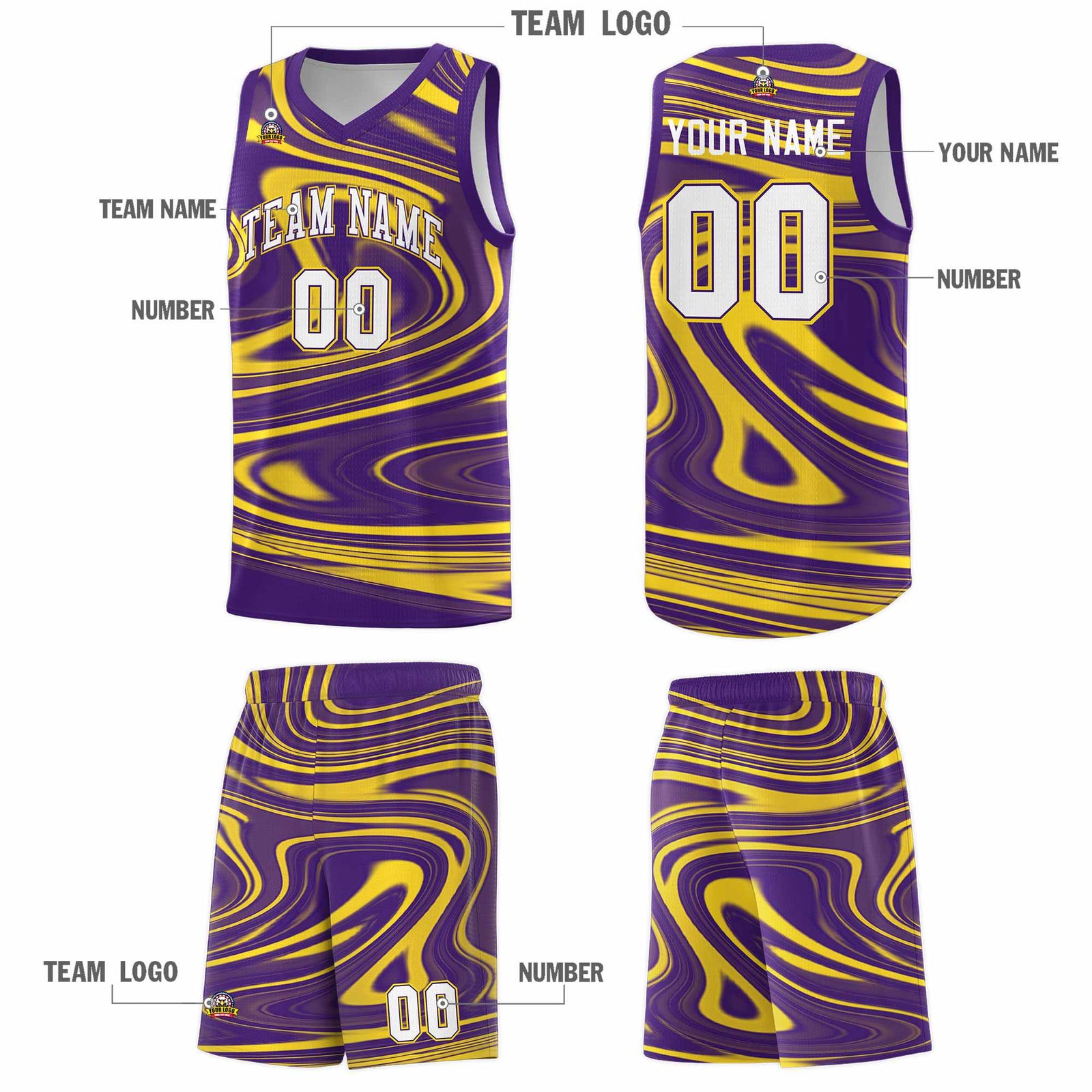 Custom Purple Gold Graffiti Pattern Fluids Style Sports Uniform Basketball Jersey Sets