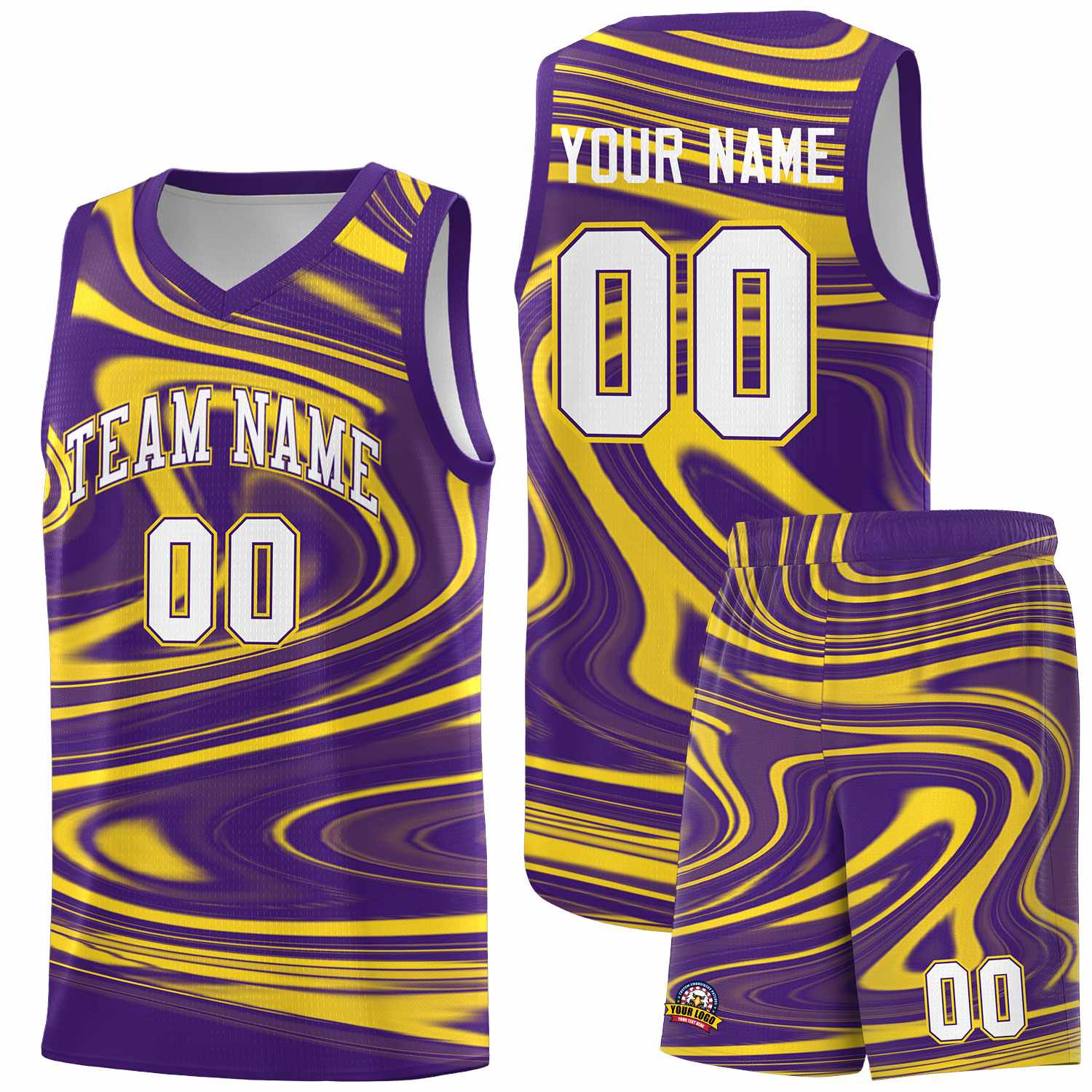 Custom Purple Gold Graffiti Pattern Fluids Style Sports Uniform Basketball Jersey Sets