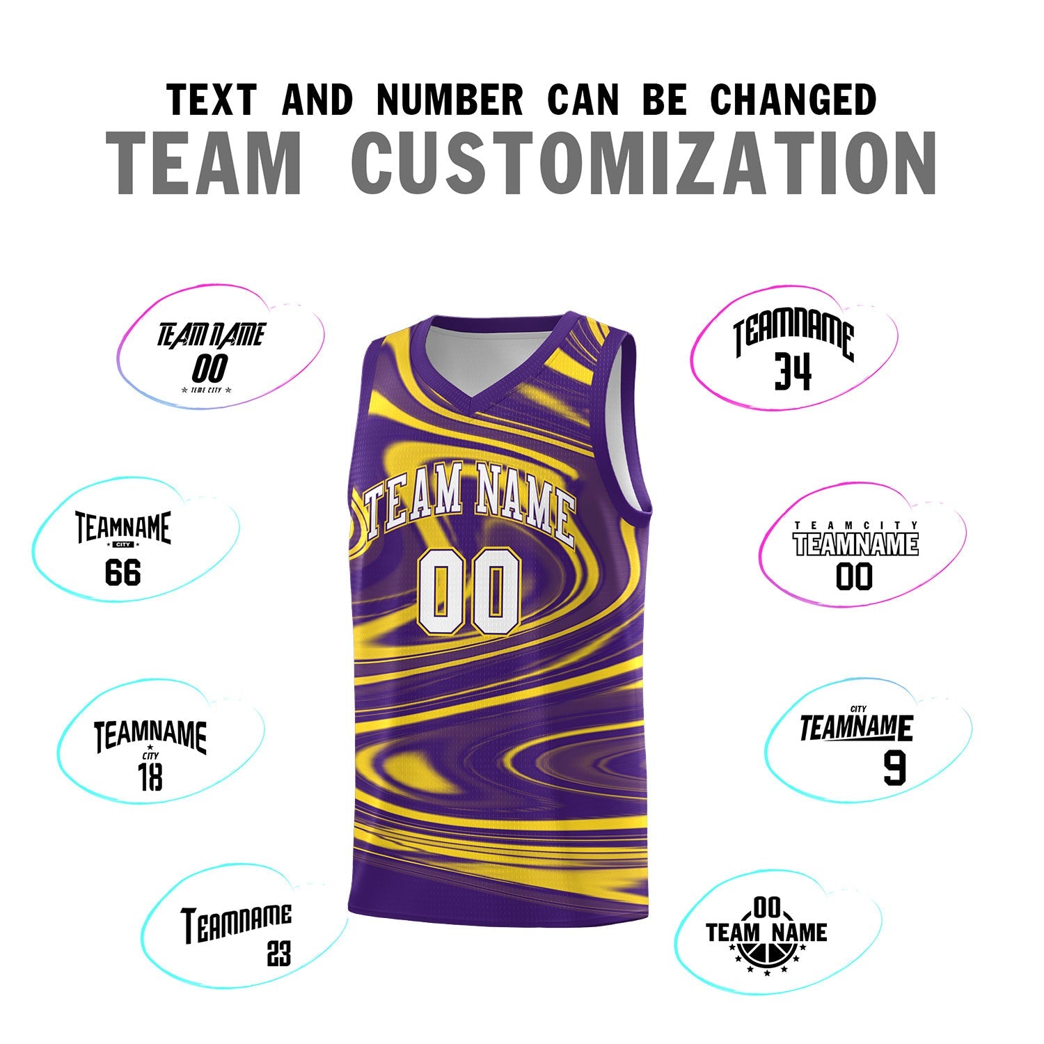 Custom Purple Gold Graffiti Pattern Fluids Style Sports Uniform Basketball Jersey Sets