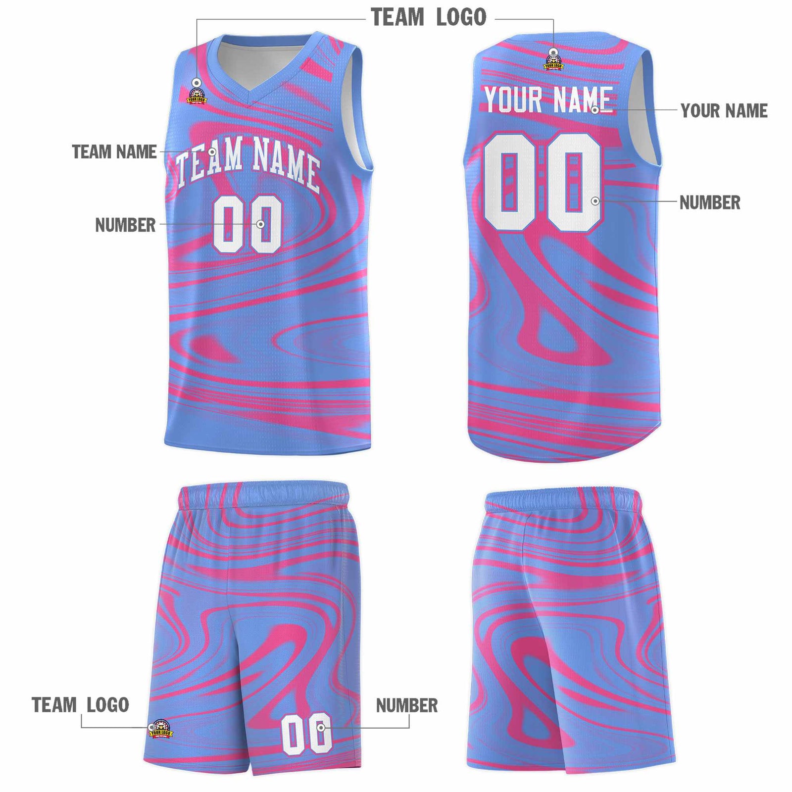 Custom Light Blue Pink Graffiti Pattern Fluids Style Sports Uniform Basketball Jersey Sets