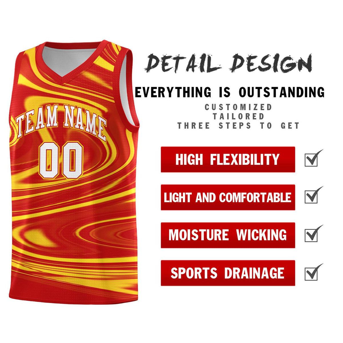 Custom Red Gold Graffiti Pattern Fluids Style Sports Uniform Basketball Jersey Sets