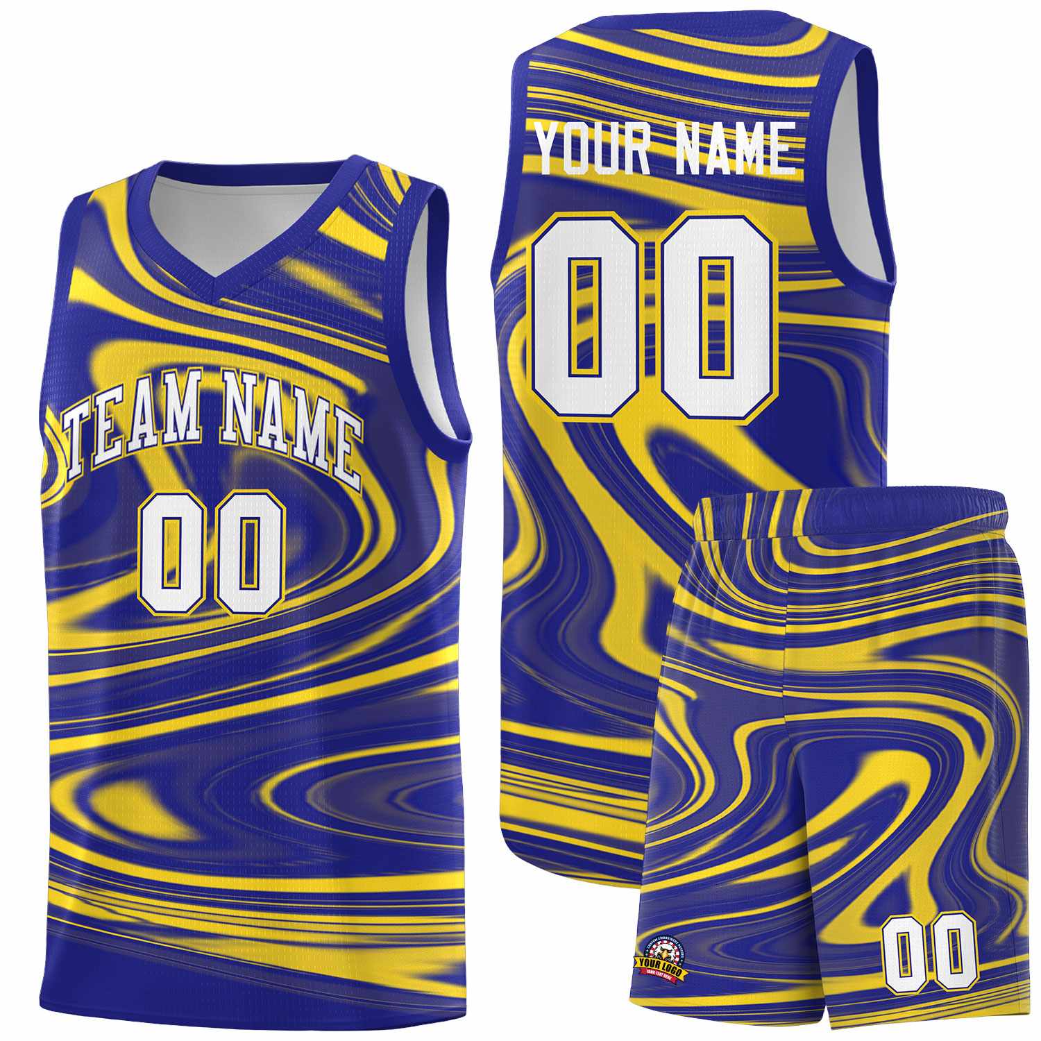 Custom Royal Gold Graffiti Pattern Fluids Style Sports Uniform Basketball Jersey Sets