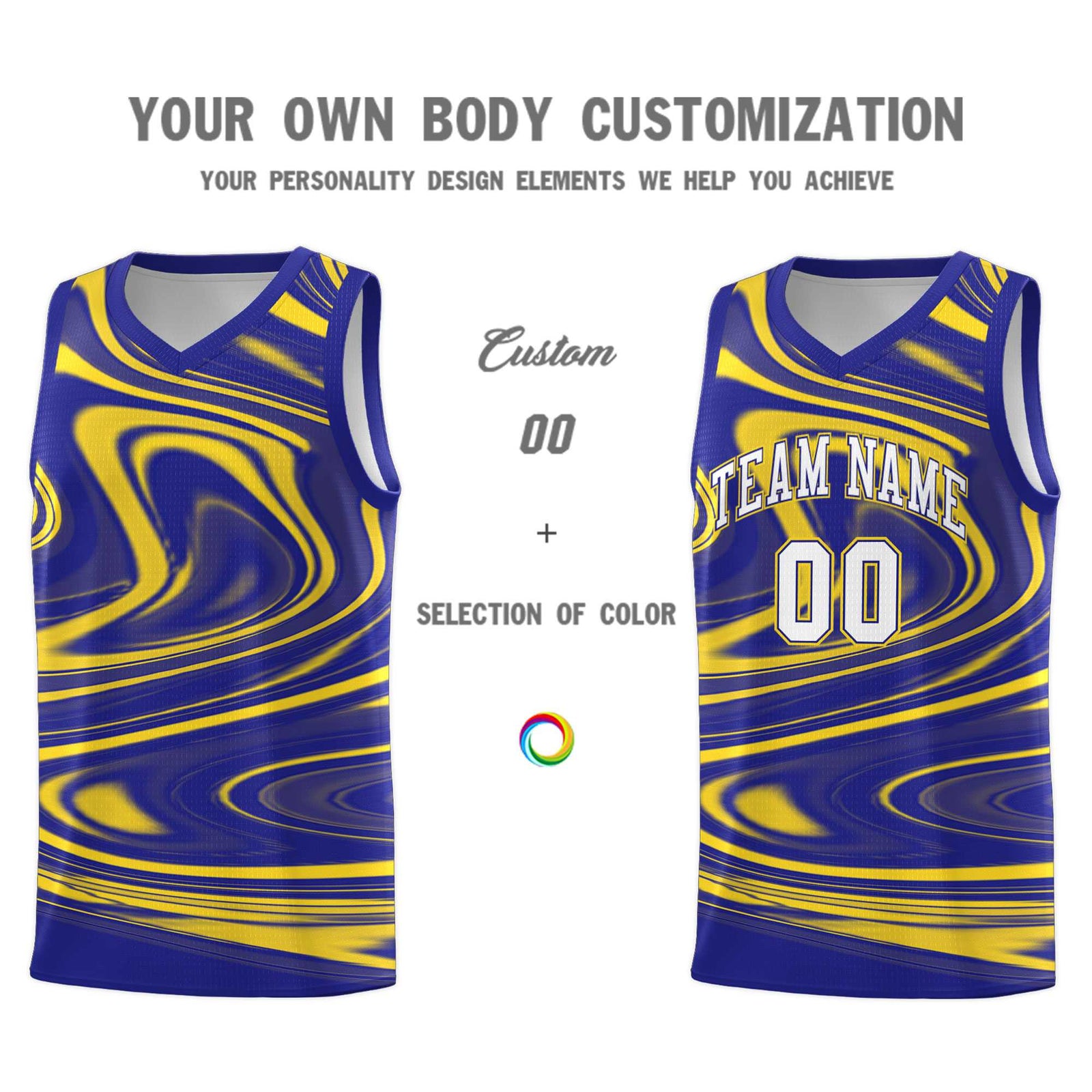 Custom Royal Gold Graffiti Pattern Fluids Style Sports Uniform Basketball Jersey Sets