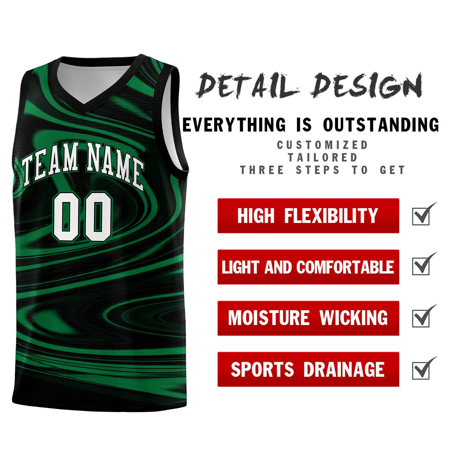 Custom Black Kelly Green Graffiti Pattern Fluids Style Sports Uniform Basketball Jersey Sets