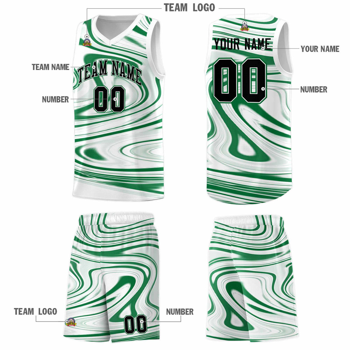 Custom White Kelly Green Graffiti Pattern Fluids Style Sports Uniform Basketball Jersey Sets