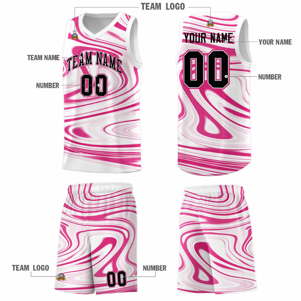 Custom White Pink Graffiti Pattern Fluids Style Sports Uniform Basketball Jersey Sets