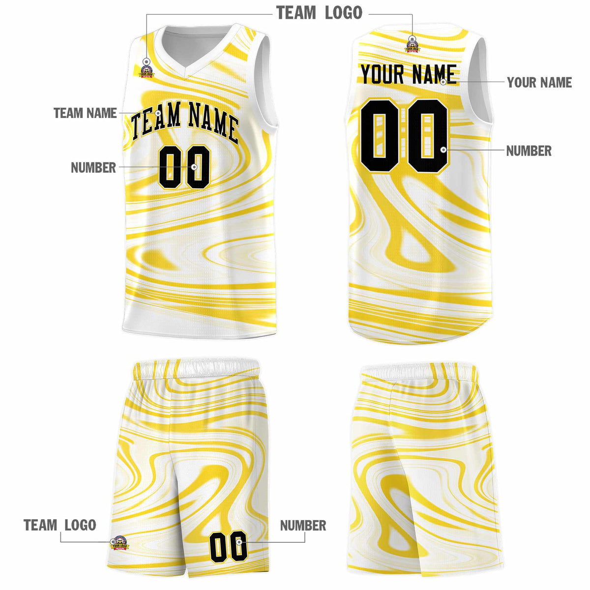 Custom White Gold Graffiti Pattern Fluids Style Sports Uniform Basketball Jersey Sets
