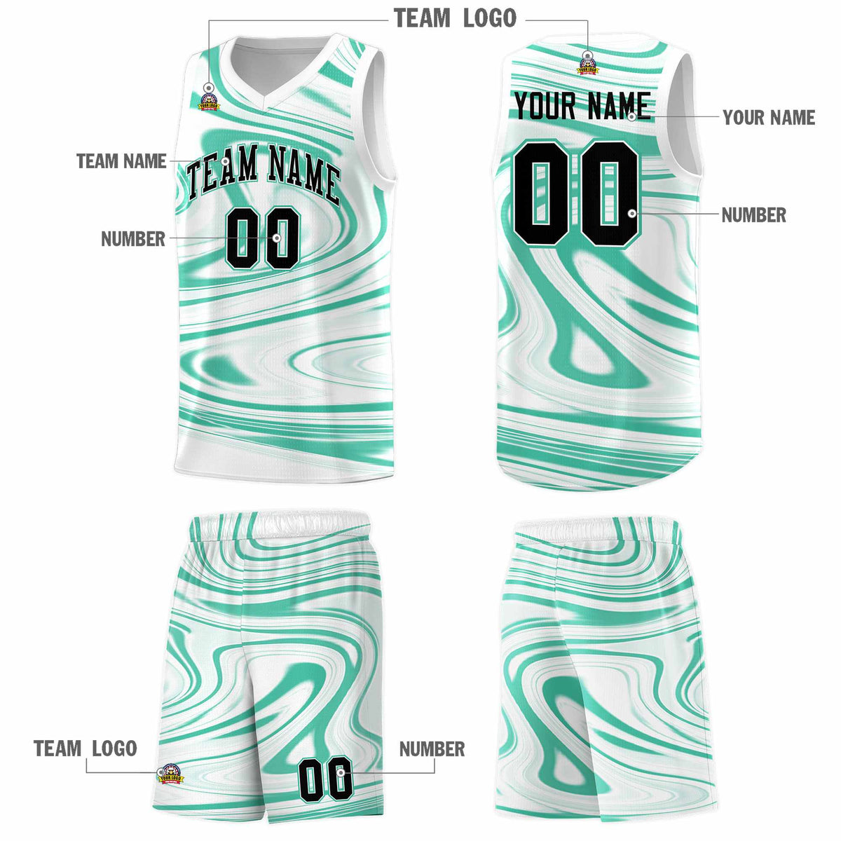 Custom White Bright Green Graffiti Pattern Fluids Style Sports Uniform Basketball Jersey Sets
