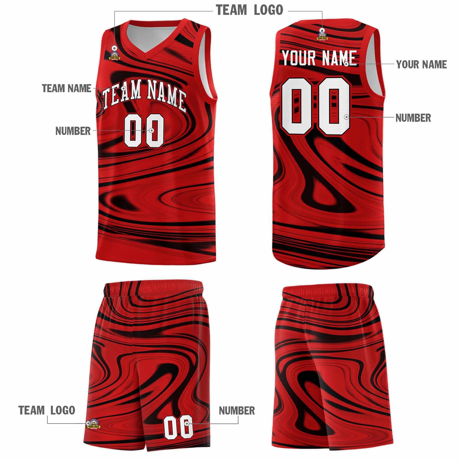 Custom Red Black Graffiti Pattern Fluids Style Sports Uniform Basketball Jersey Sets