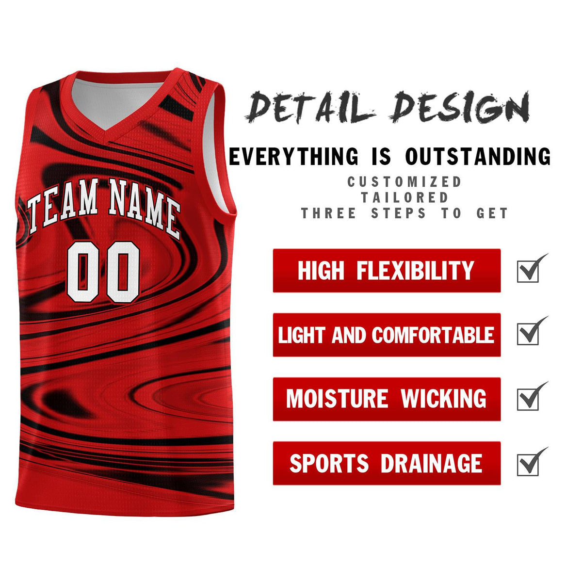 Custom Red Black Graffiti Pattern Fluids Style Sports Uniform Basketball Jersey Sets