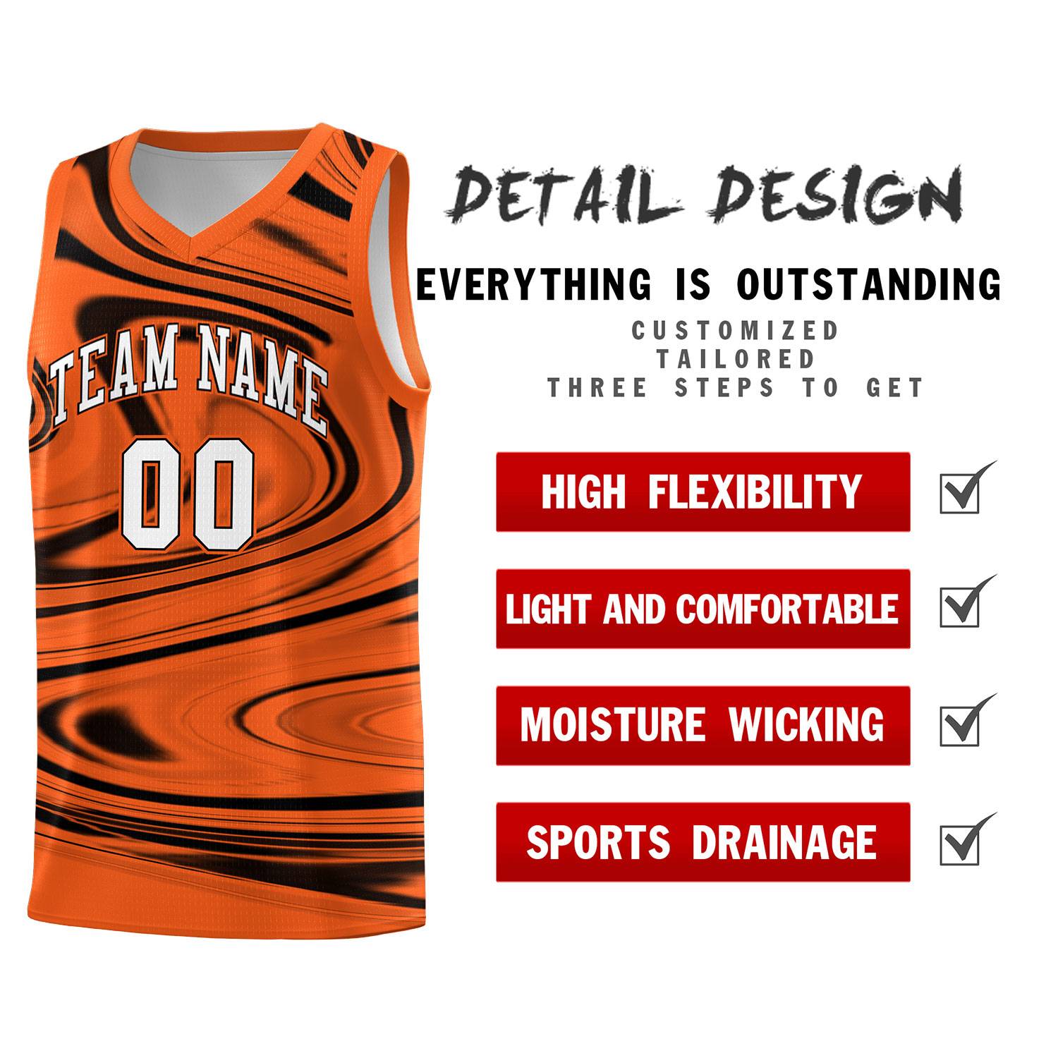 Custom Orange Black Graffiti Pattern Fluids Style Sports Uniform Basketball Jersey Sets