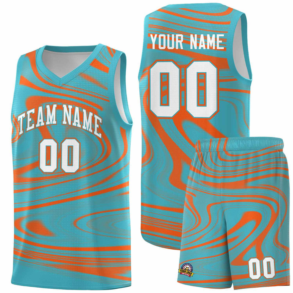 Custom Aqua Orange Graffiti Pattern Fluids Style Sports Uniform Basketball Jersey Sets