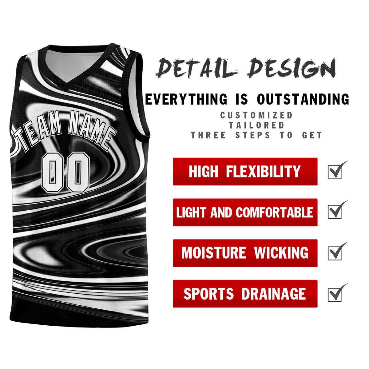 Custom Black White Graffiti Pattern Fluids Style Sports Uniform Basketball Jersey Sets