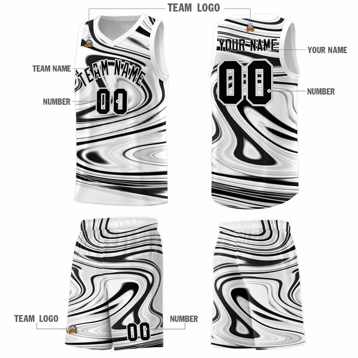 Custom White Black Graffiti Pattern Fluids Style Sports Uniform Basketball Jersey Sets