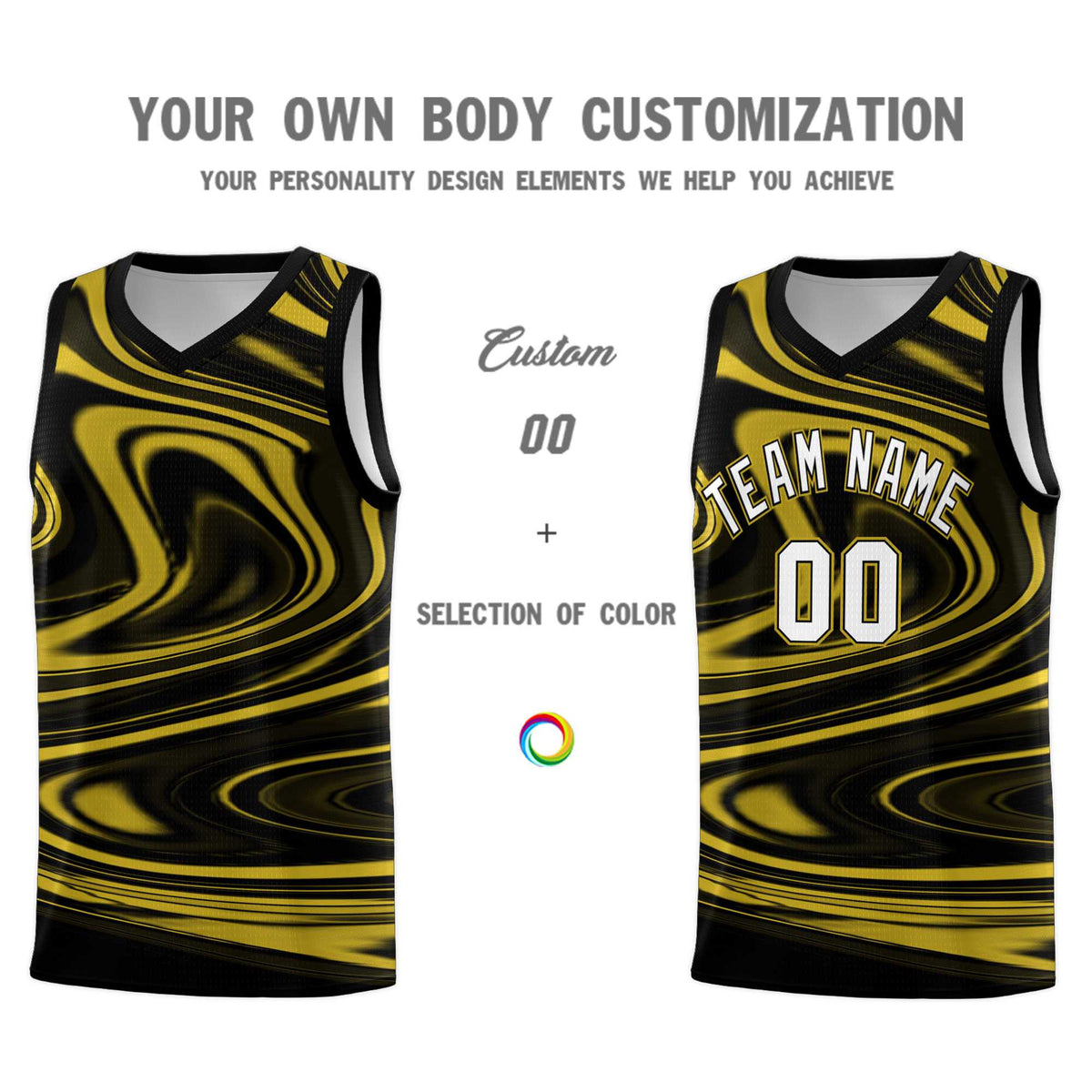 Custom Black Old Gold Graffiti Pattern Fluids Style Sports Uniform Basketball Jersey Sets