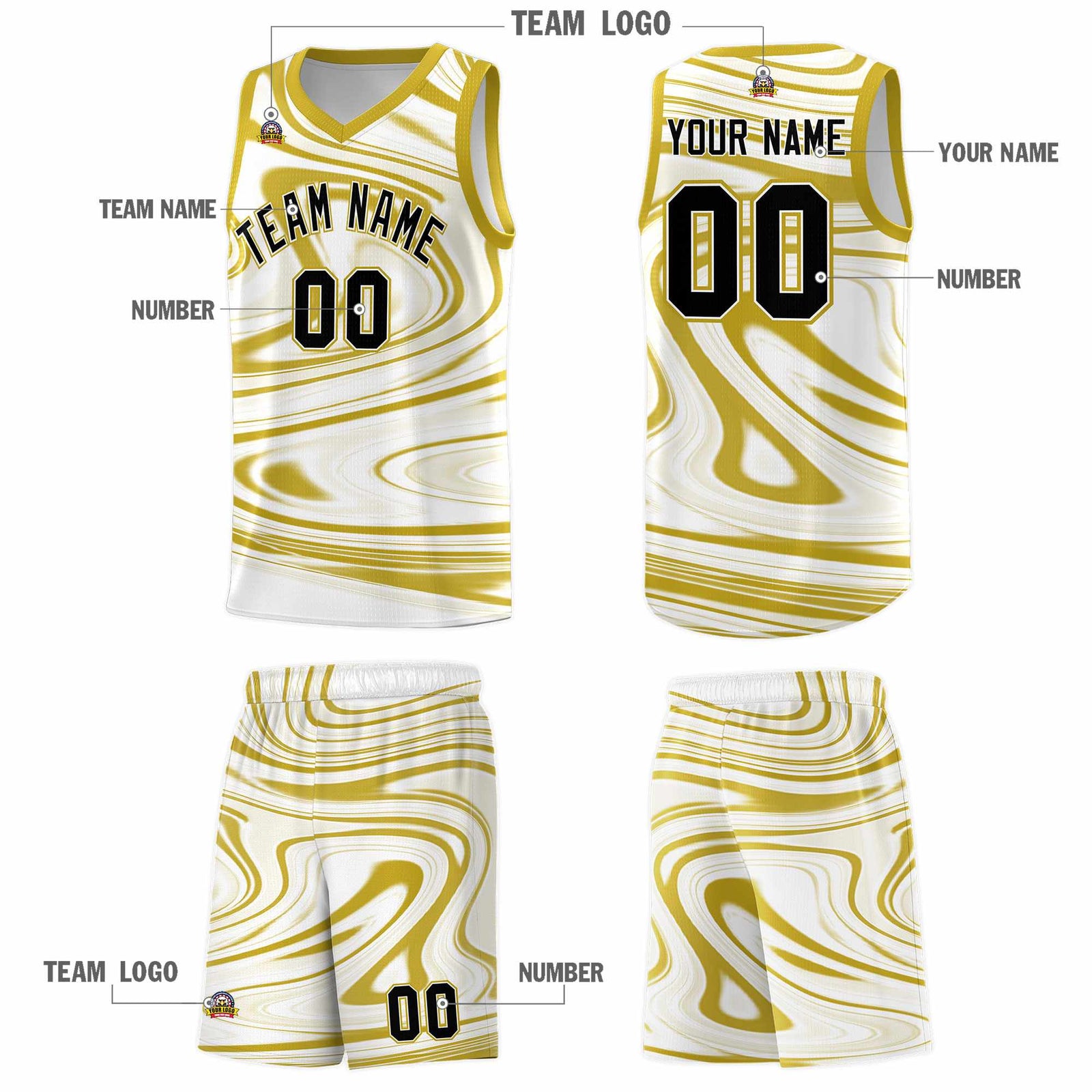 Custom White Old Gold Graffiti Pattern Fluids Style Sports Uniform Basketball Jersey Sets