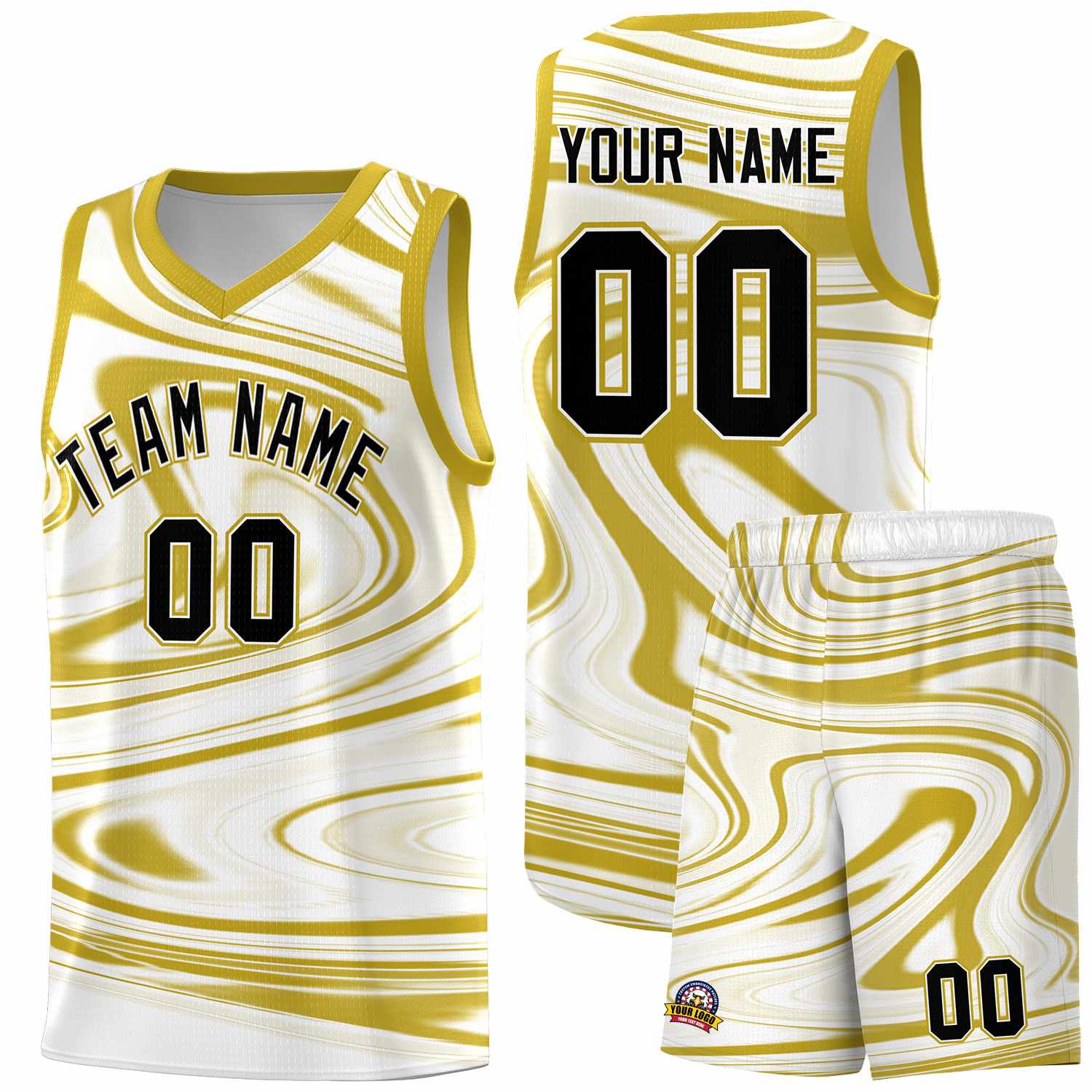 Custom White Old Gold Graffiti Pattern Fluids Style Sports Uniform Basketball Jersey Sets