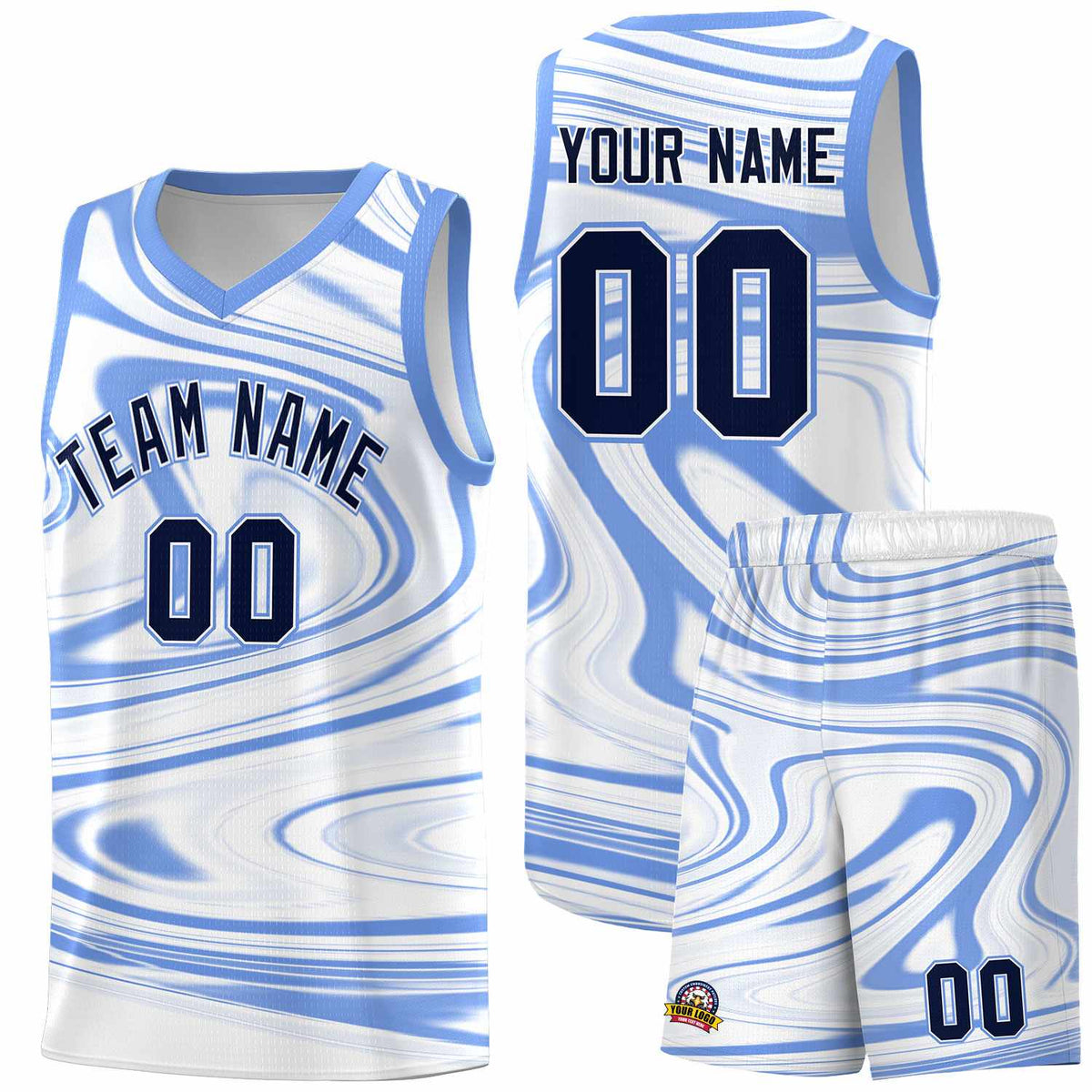 Custom White Light Blue Graffiti Pattern Fluids Style Sports Uniform Basketball Jersey Sets