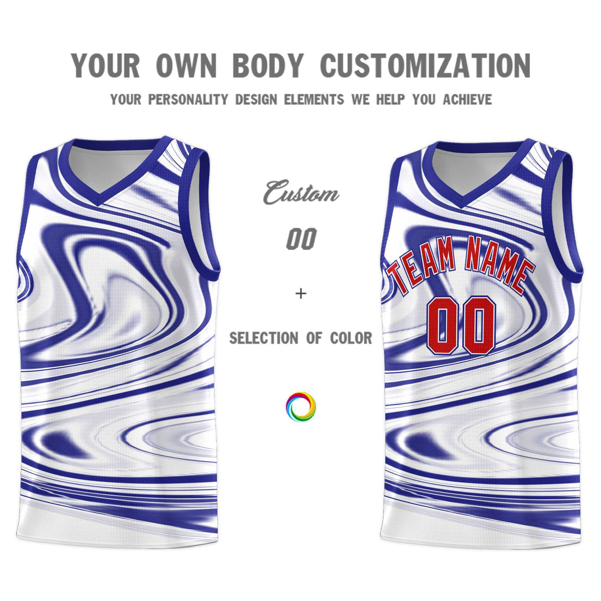 Custom White Royal Graffiti Pattern Fluids Style Sports Uniform Basketball Jersey Sets