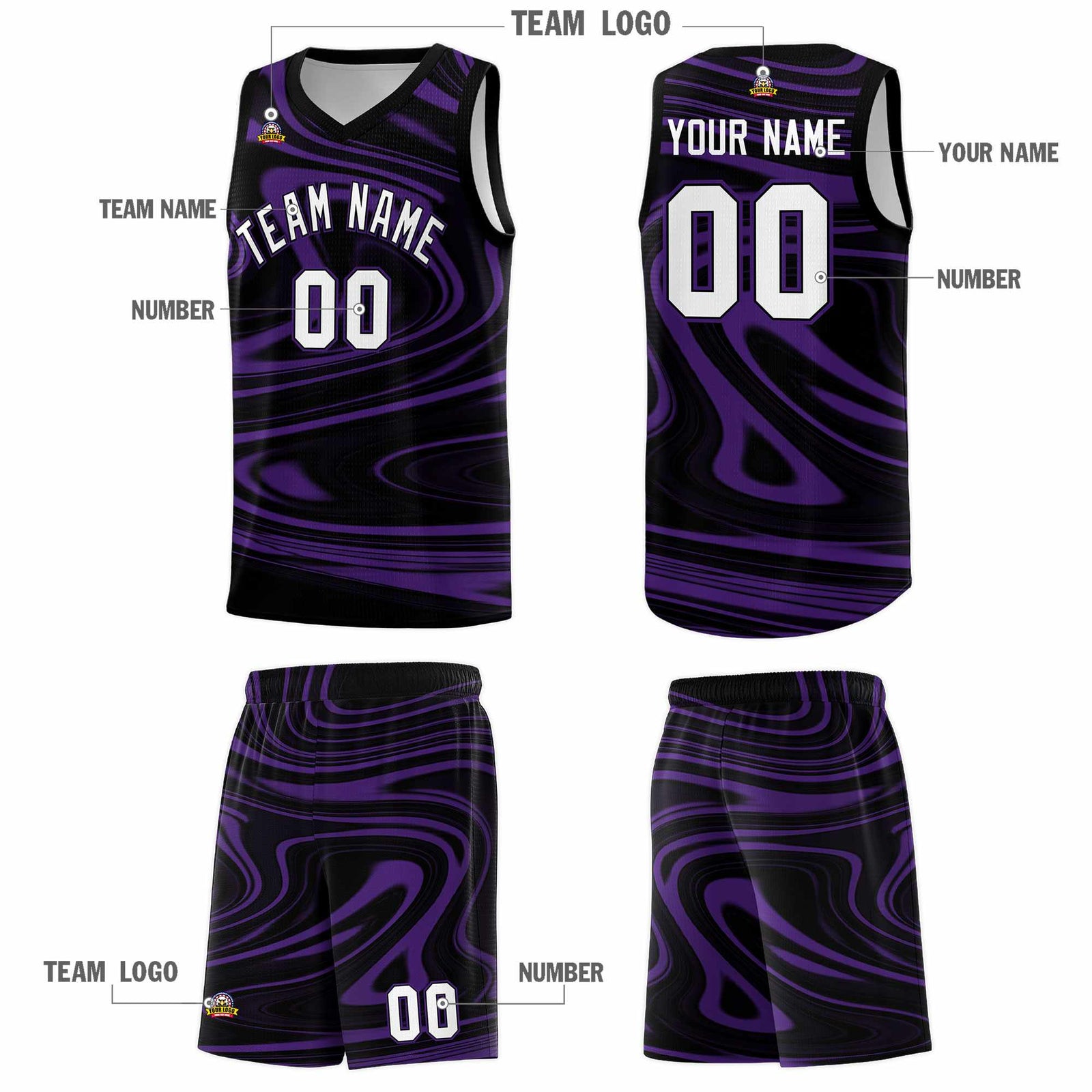 Custom Black Purple Graffiti Pattern Fluids Style Sports Uniform Basketball Jersey Sets