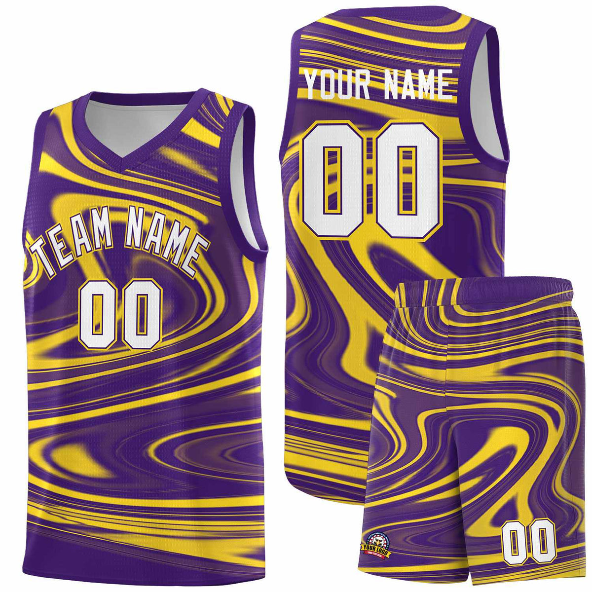 Custom Purple Gold Graffiti Pattern Fluids Style Sports Uniform Basketball Jersey Sets