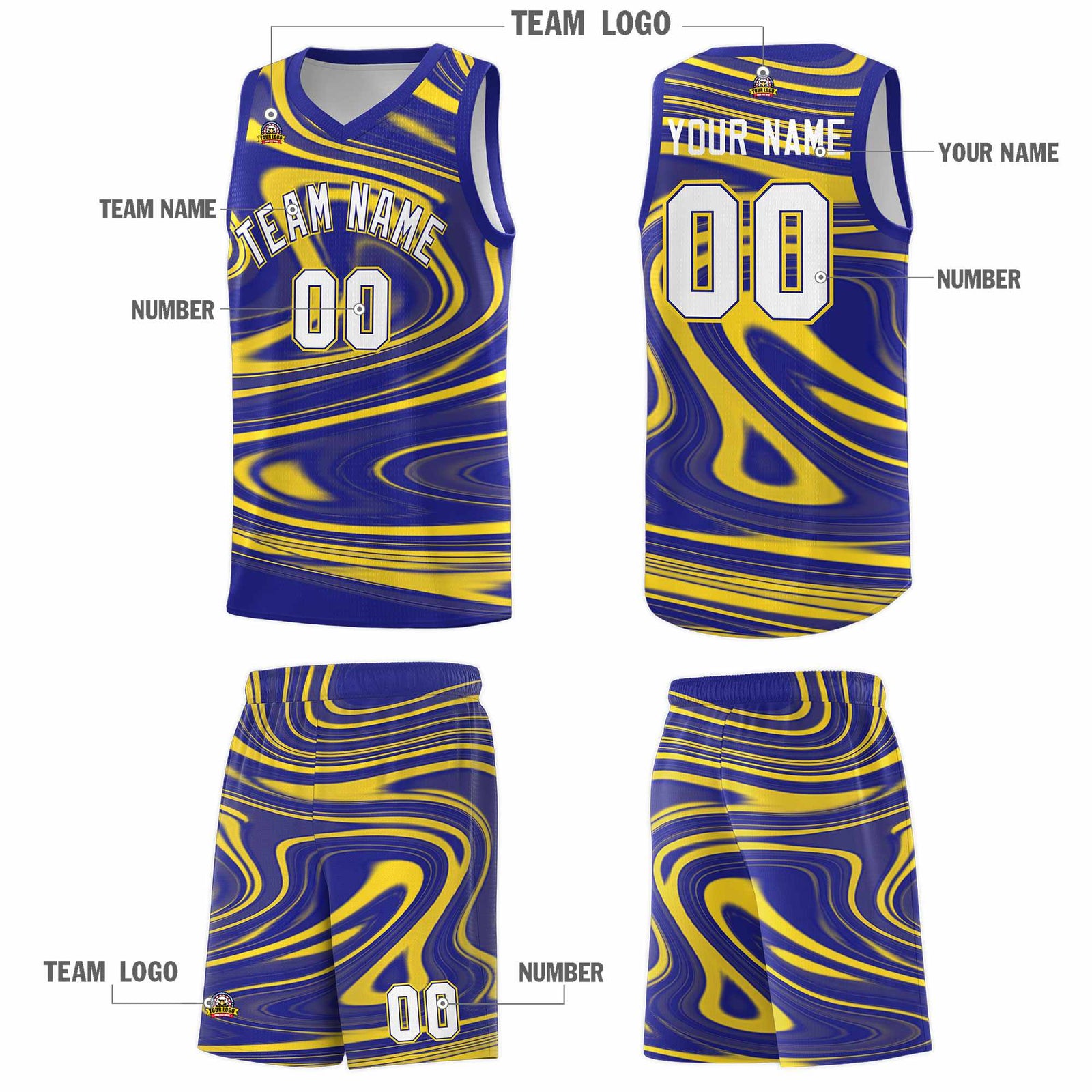 Custom Royal Gold Graffiti Pattern Fluids Style Sports Uniform Basketball Jersey Sets