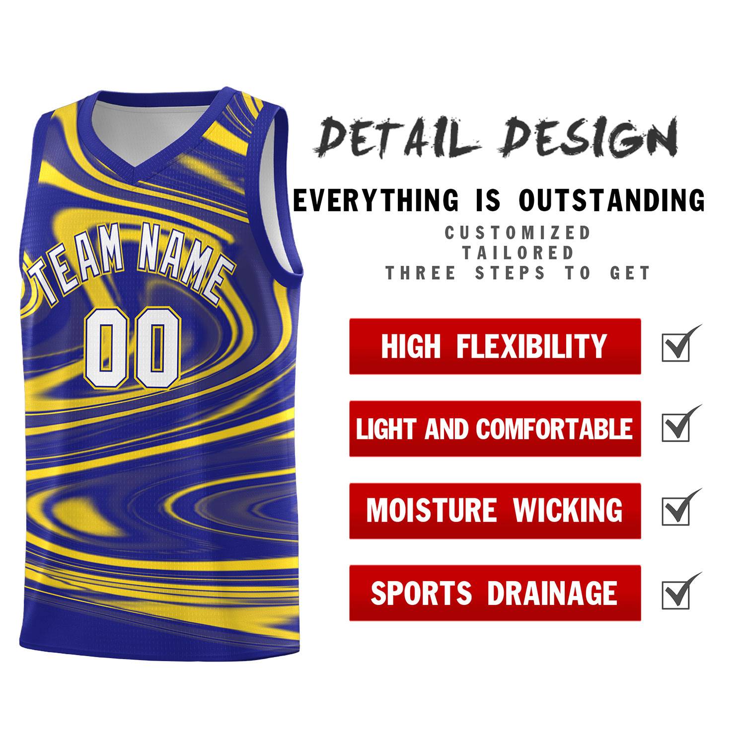Custom Royal Gold Graffiti Pattern Fluids Style Sports Uniform Basketball Jersey Sets