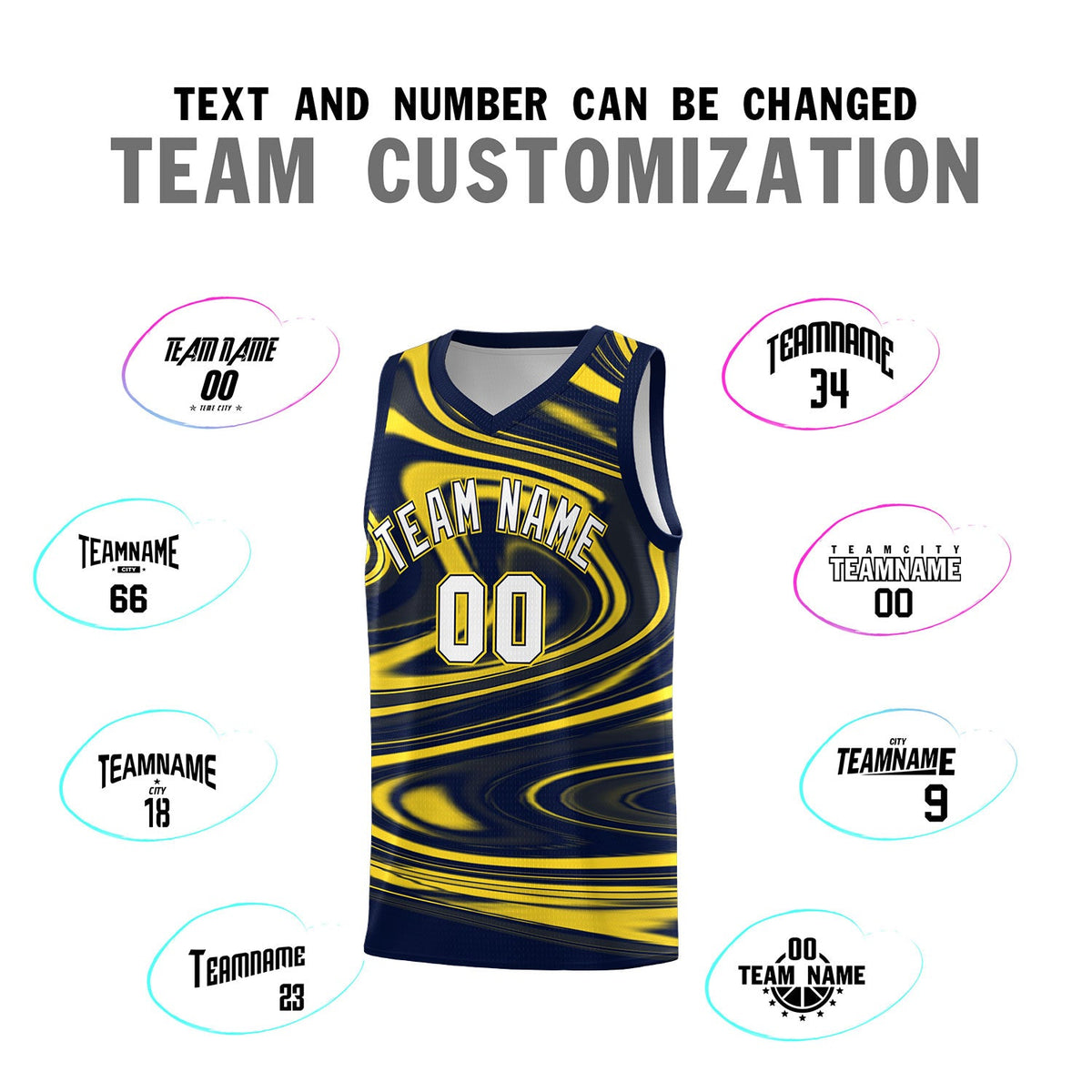 Custom Navy Gold Graffiti Pattern Fluids Style Sports Uniform Basketball Jersey Sets