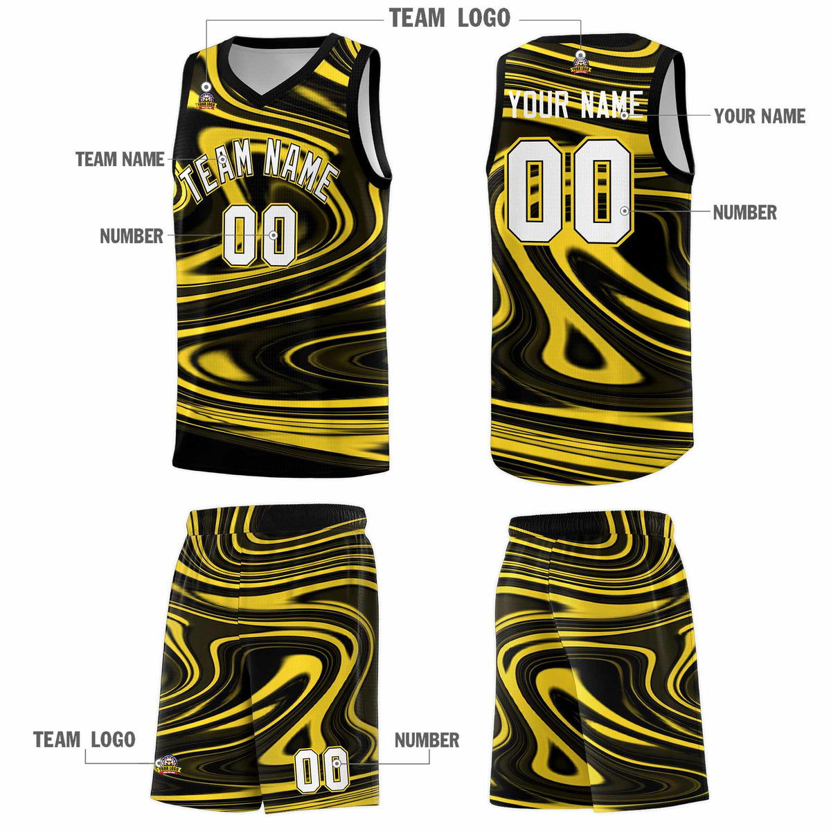 Custom Black Gold Graffiti Pattern Fluids Style Sports Uniform Basketball Jersey Sets