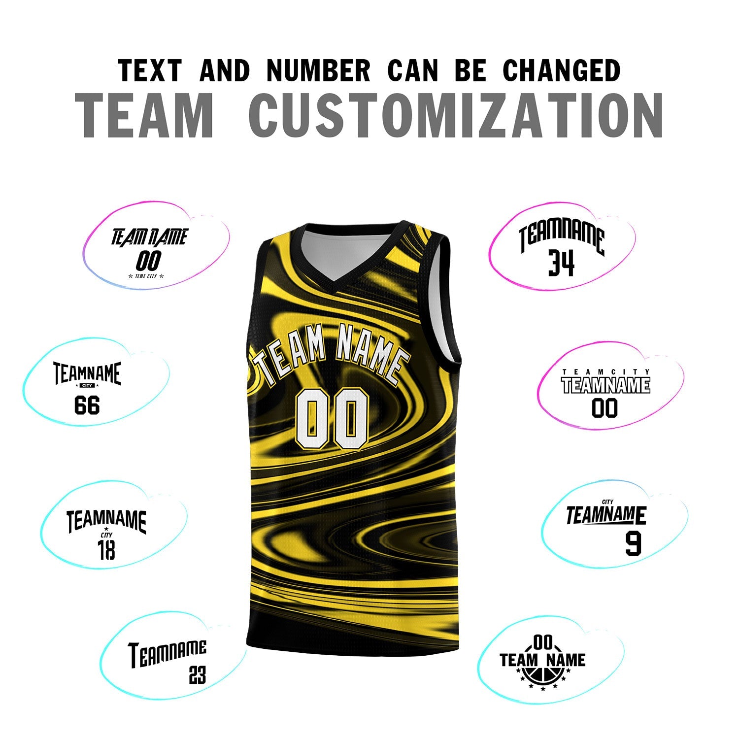 Custom Black Gold Graffiti Pattern Fluids Style Sports Uniform Basketball Jersey Sets