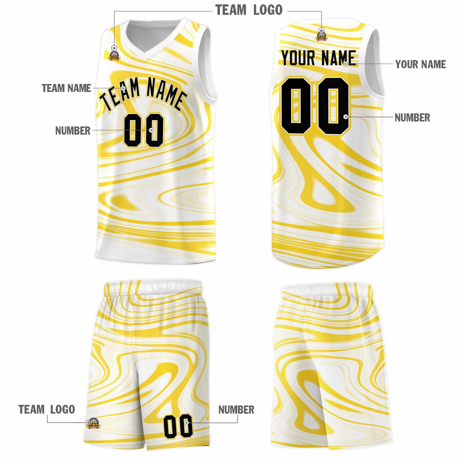 Custom White Gold Graffiti Pattern Fluids Style Sports Uniform Basketball Jersey Sets