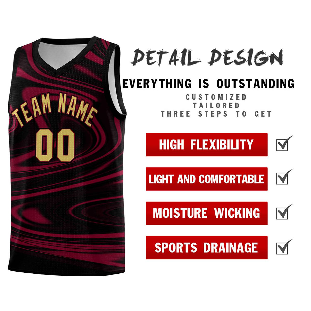 Custom Black Crimson Graffiti Pattern Fluids Style Sports Uniform Basketball Jersey Sets