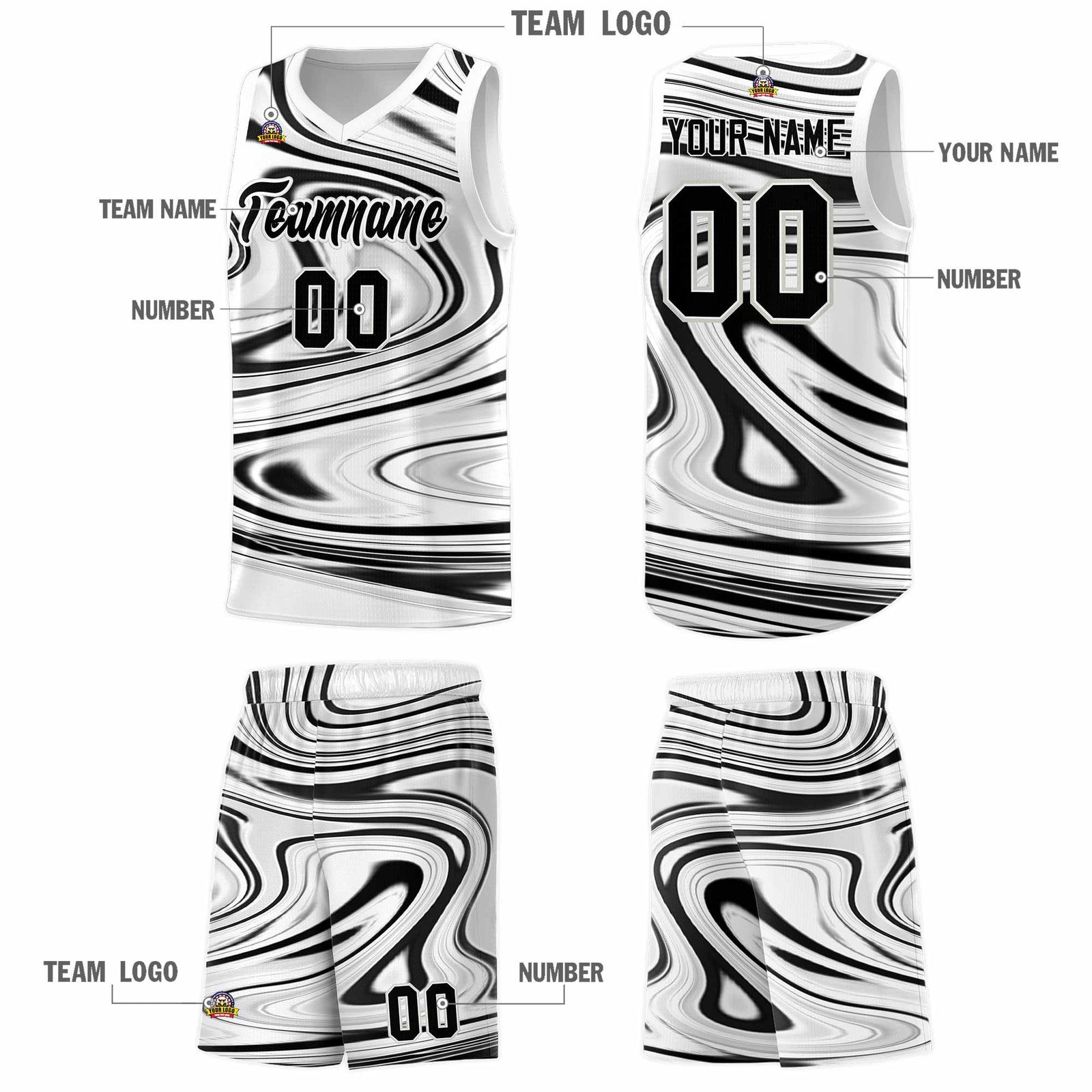 Custom White Black Graffiti Pattern Fluids Style Sports Uniform Basketball Jersey Sets
