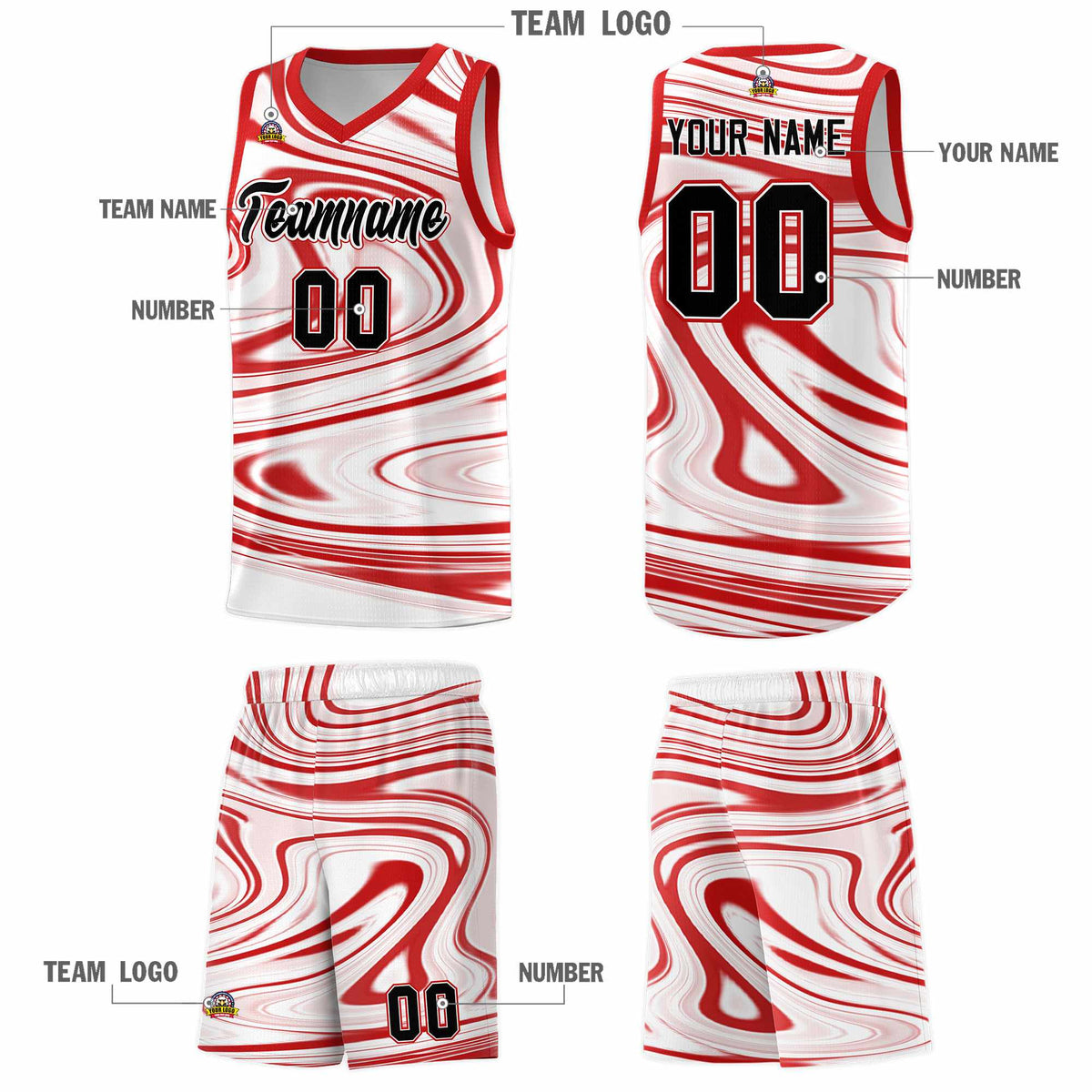 Custom White Red Graffiti Pattern Fluids Style Sports Uniform Basketball Jersey Sets