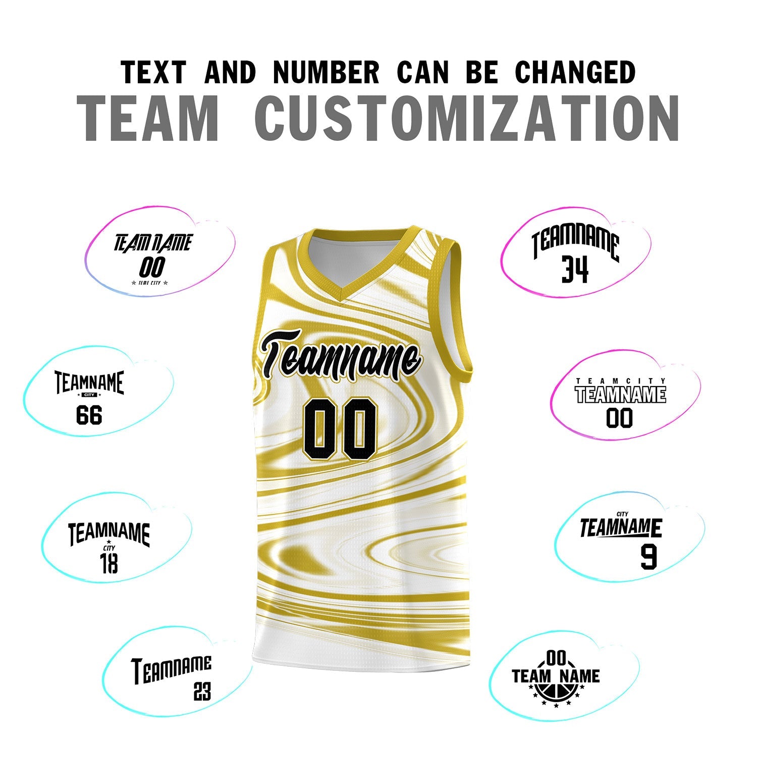 Custom White Old Gold Graffiti Pattern Fluids Style Sports Uniform Basketball Jersey Sets