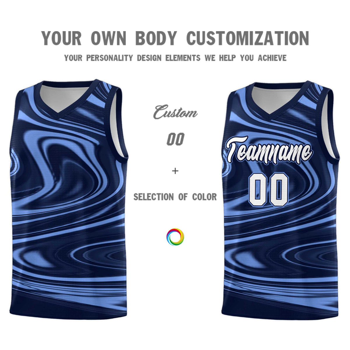Custom Navy Light Blue Graffiti Pattern Fluids Style Sports Uniform Basketball Jersey Sets