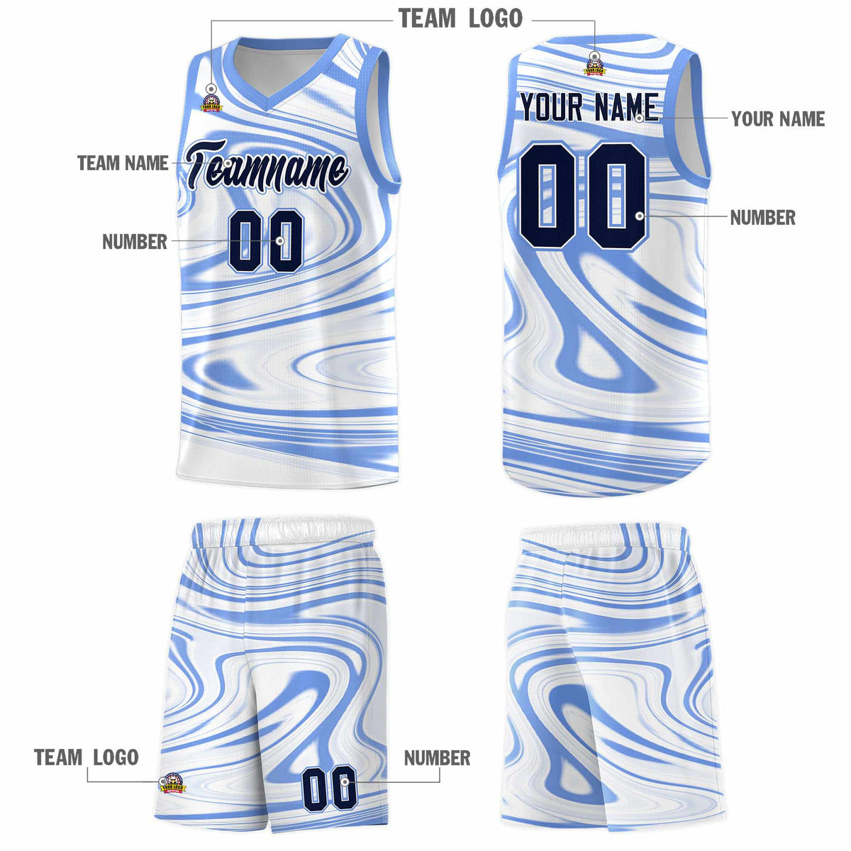 Custom White Light Blue Graffiti Pattern Fluids Style Sports Uniform Basketball Jersey Sets