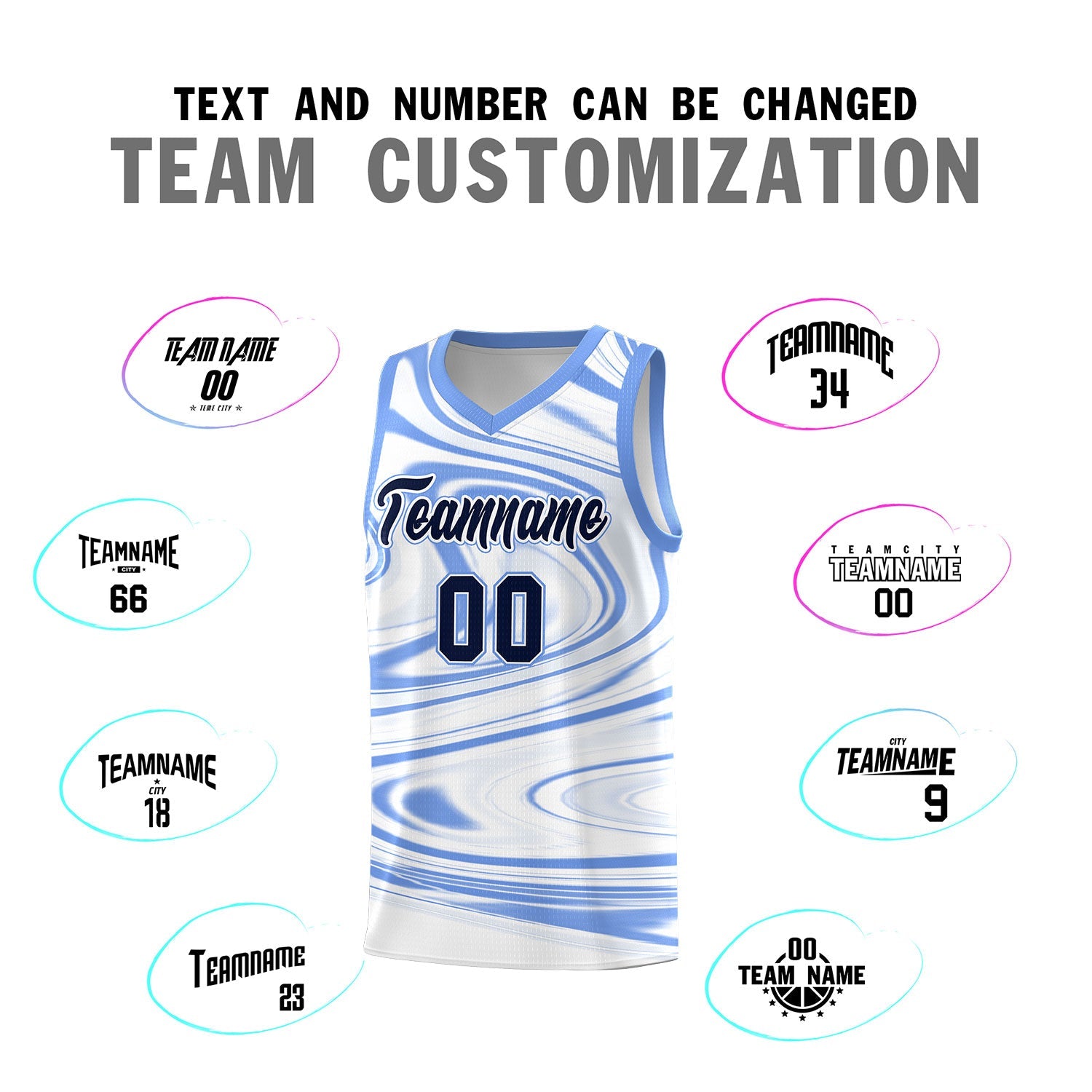 Custom White Light Blue Graffiti Pattern Fluids Style Sports Uniform Basketball Jersey Sets