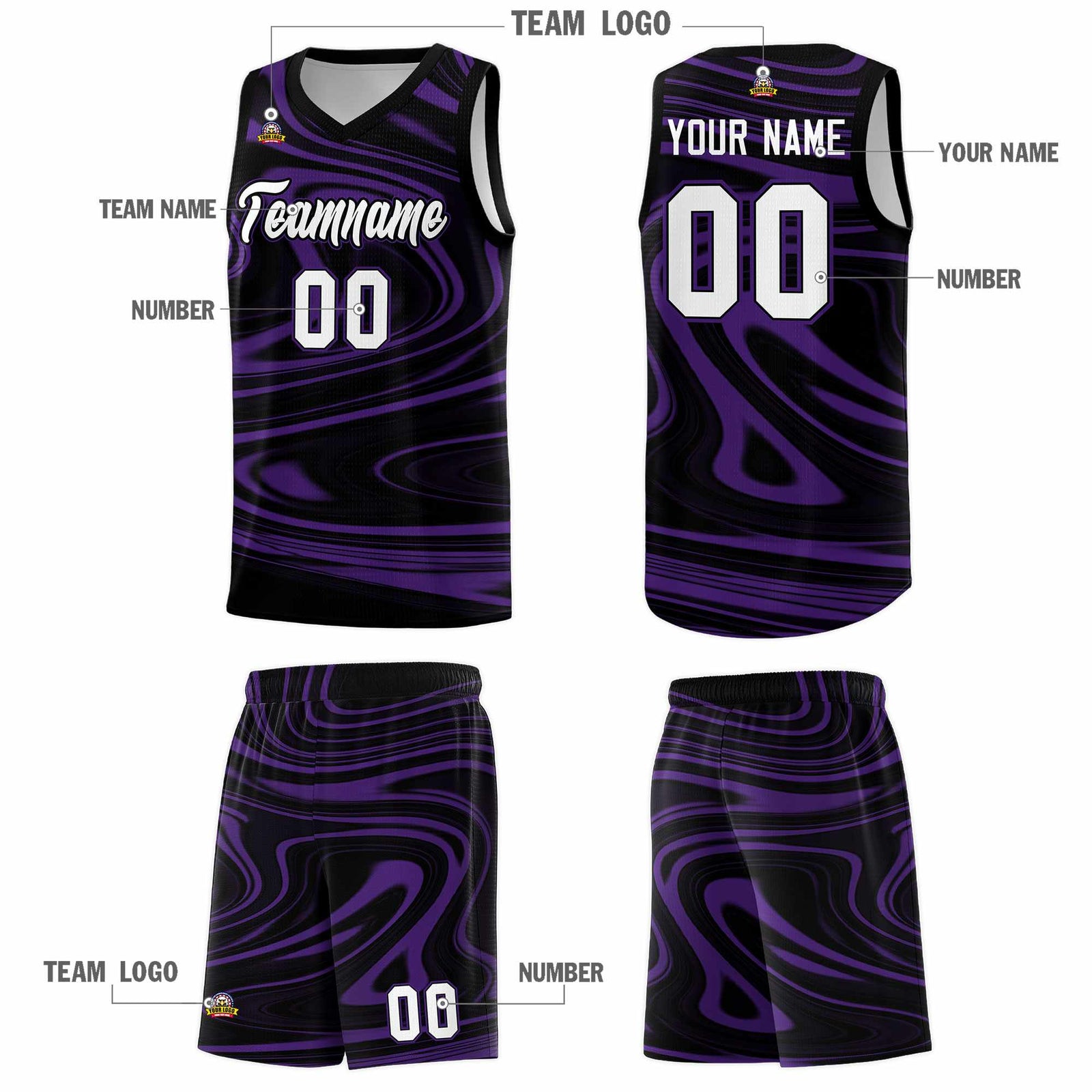 Custom Black Purple Graffiti Pattern Fluids Style Sports Uniform Basketball Jersey Sets